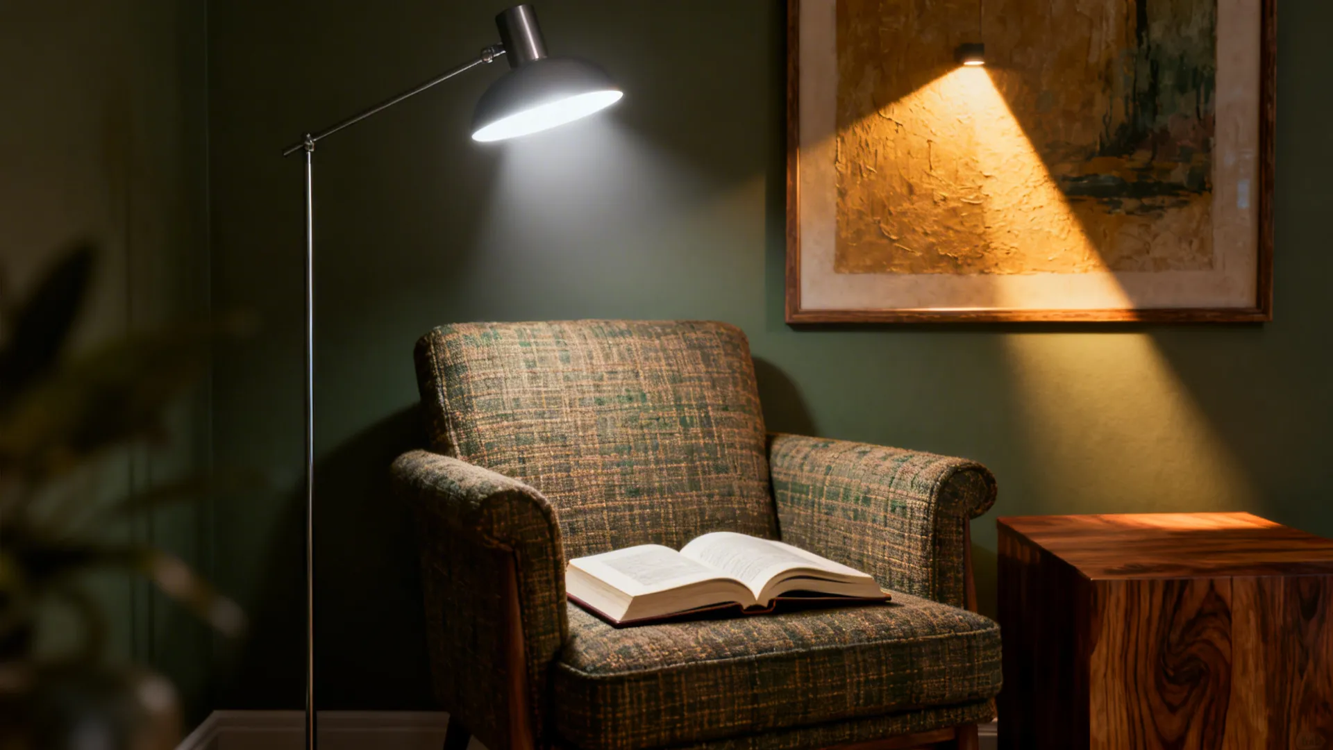 Reading nook lit by a floor lamp with high-CRI bulb showing true color and fabric detail