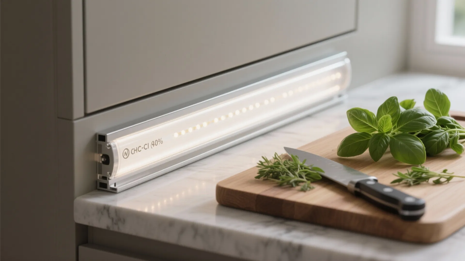Close-up of a diffused high-CRI under-cabinet LED strip rendering herbs and food colors accurately.