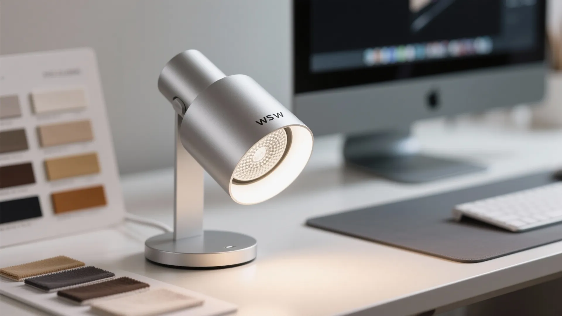 Macro of low-glare high-CRI task lamp with deep-set diffuser and matte reflector on a modern desk.