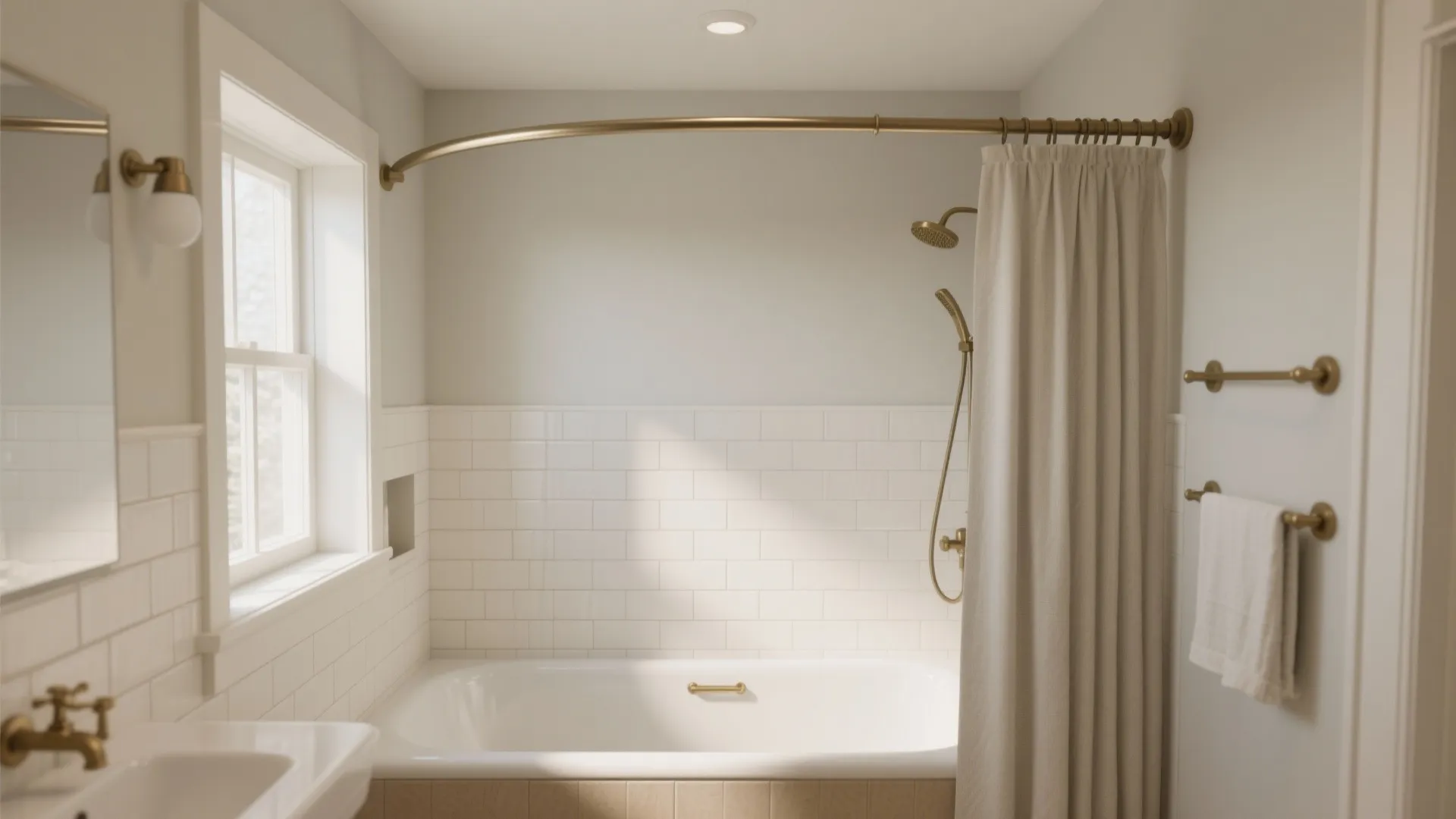 White bathroom with white bathtub curved gold shower rod beige curtain and white wall tiles