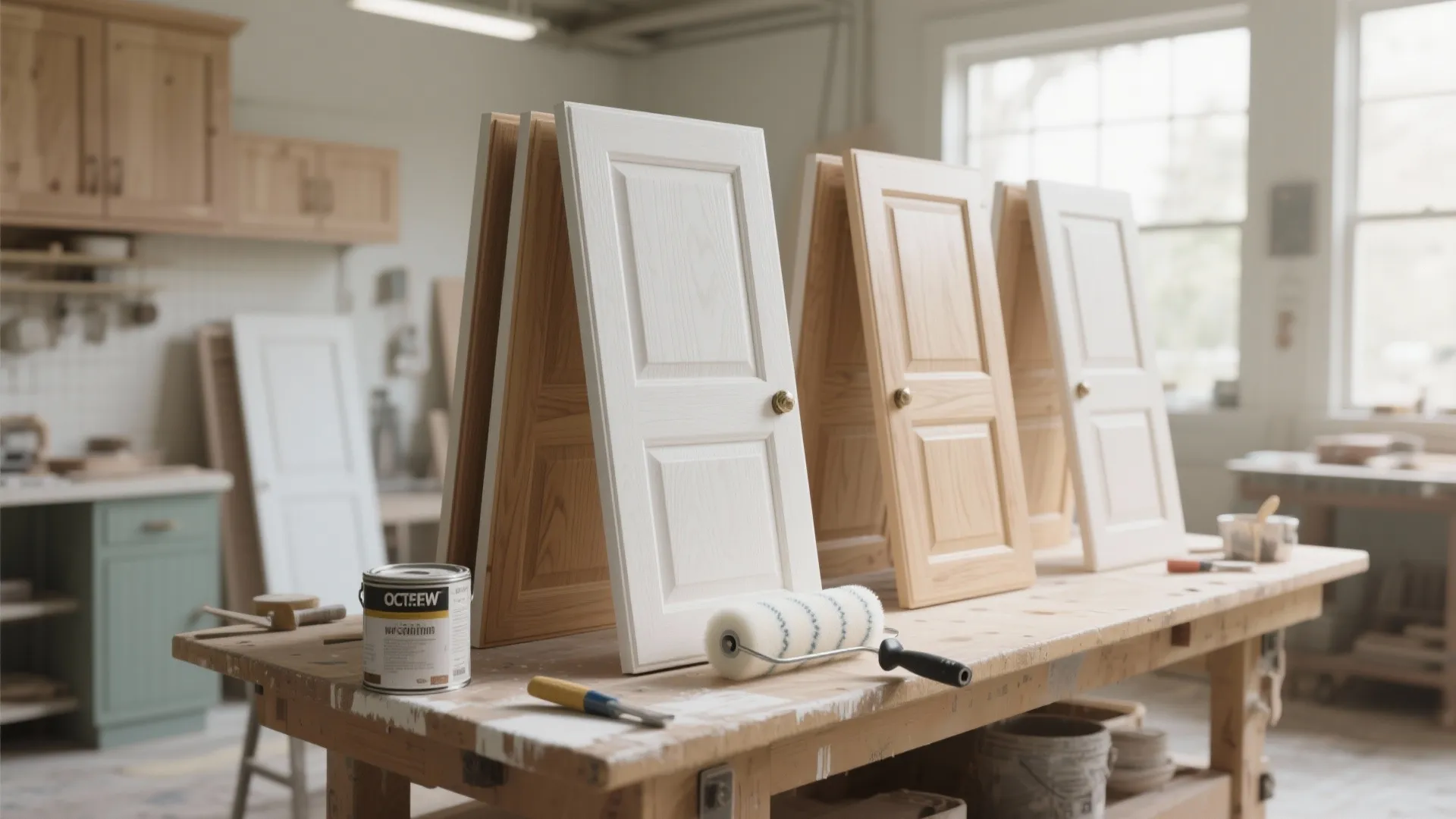 Shaker-style cabinet doors on a workbench being painted with a high-density foam roller for low texture.