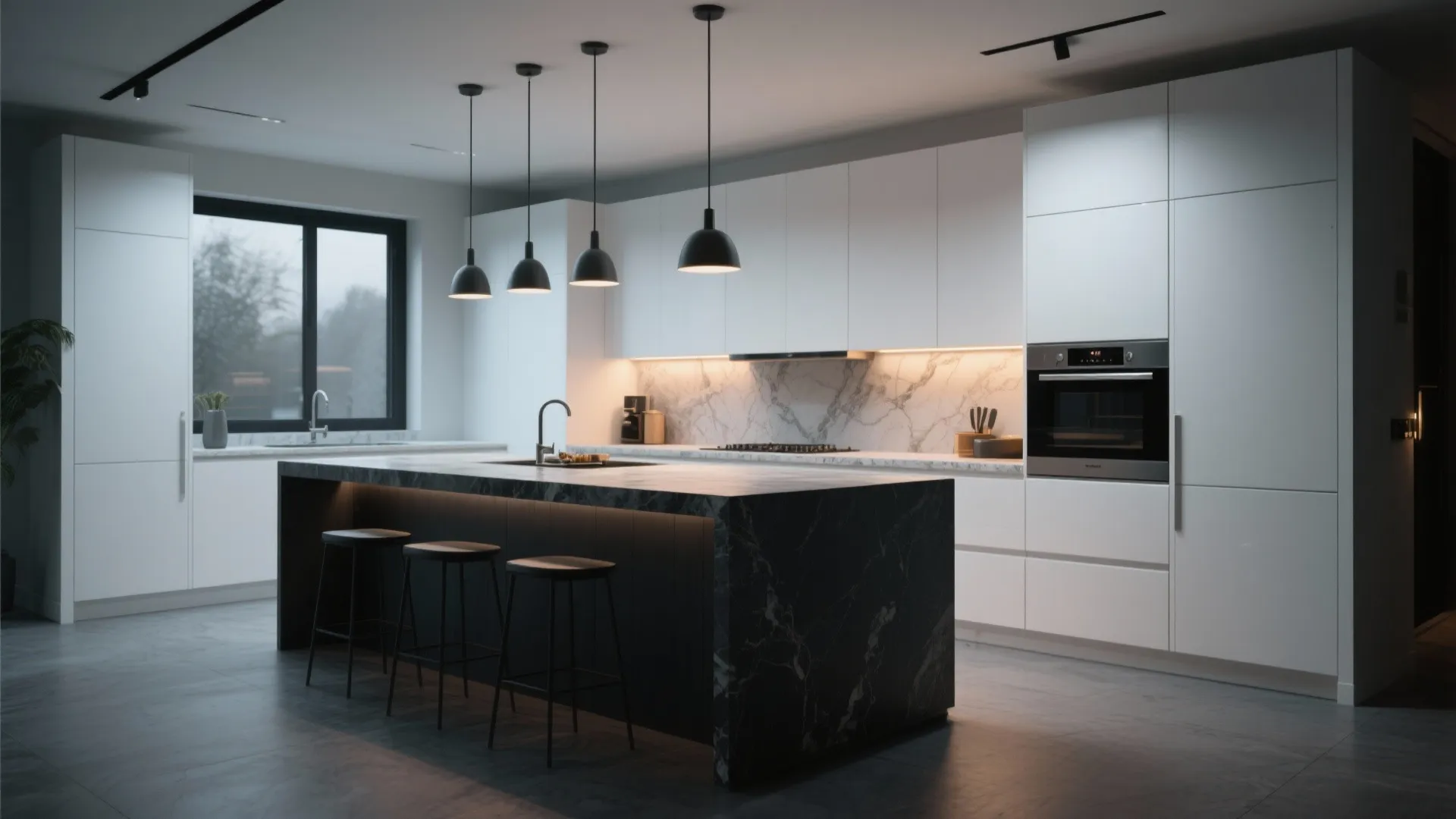 Contemporary kitchen with bright white cabinets and a charcoal island, modern pendants and stone counters.