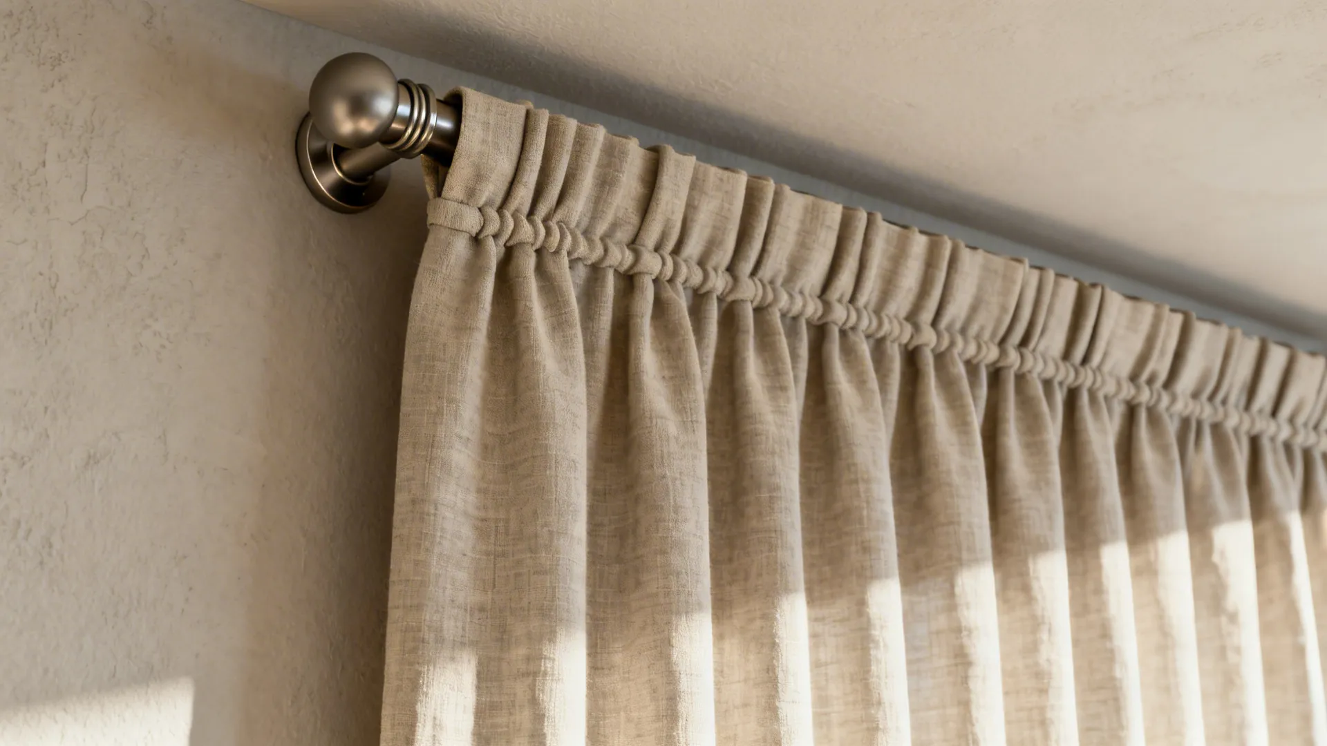 Close-up of ceiling-high curtain rod and linen drape with a clean tailored hem.