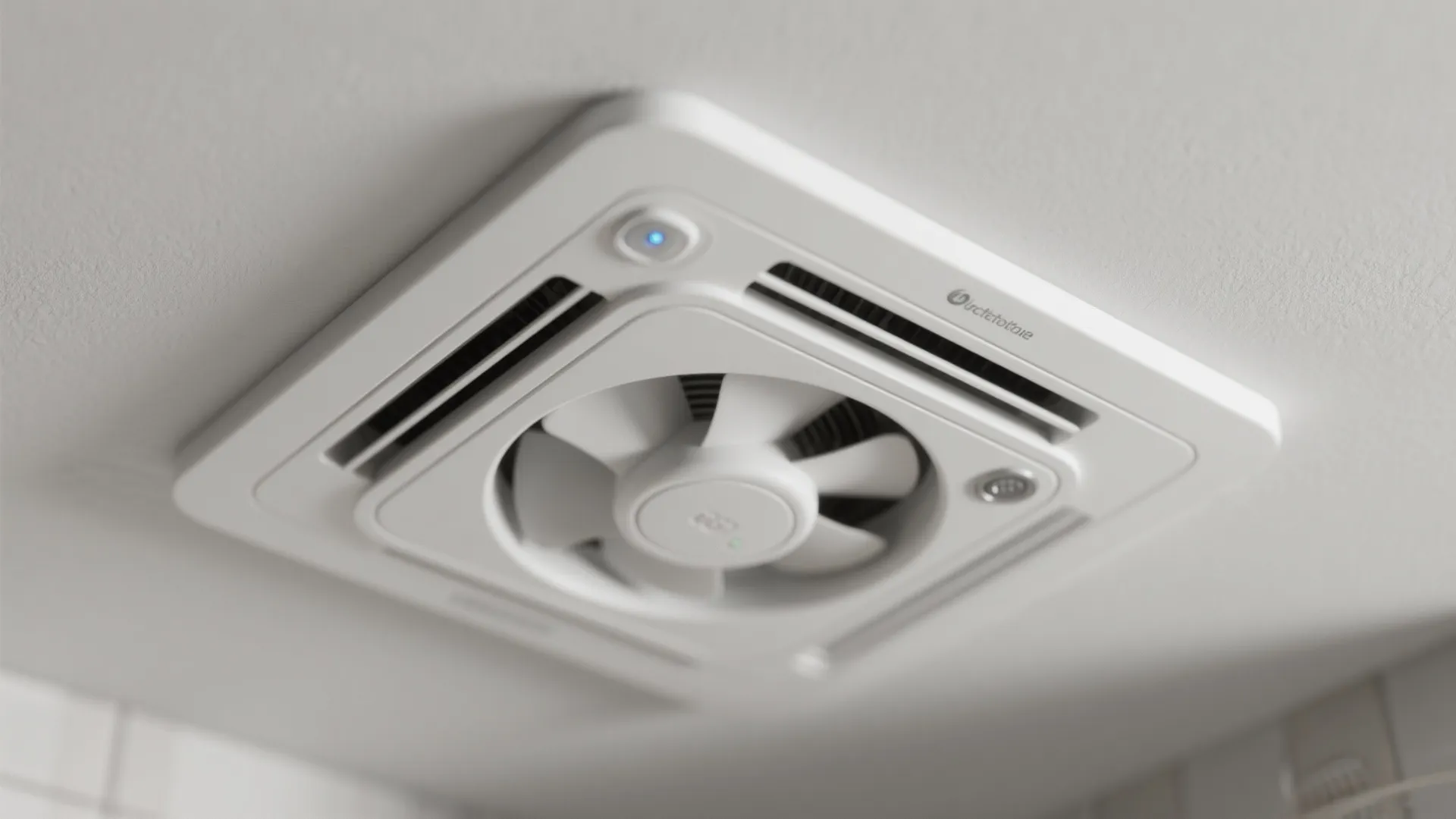 Modern white square exhaust fan with a visible blade installed on a clean white ceiling