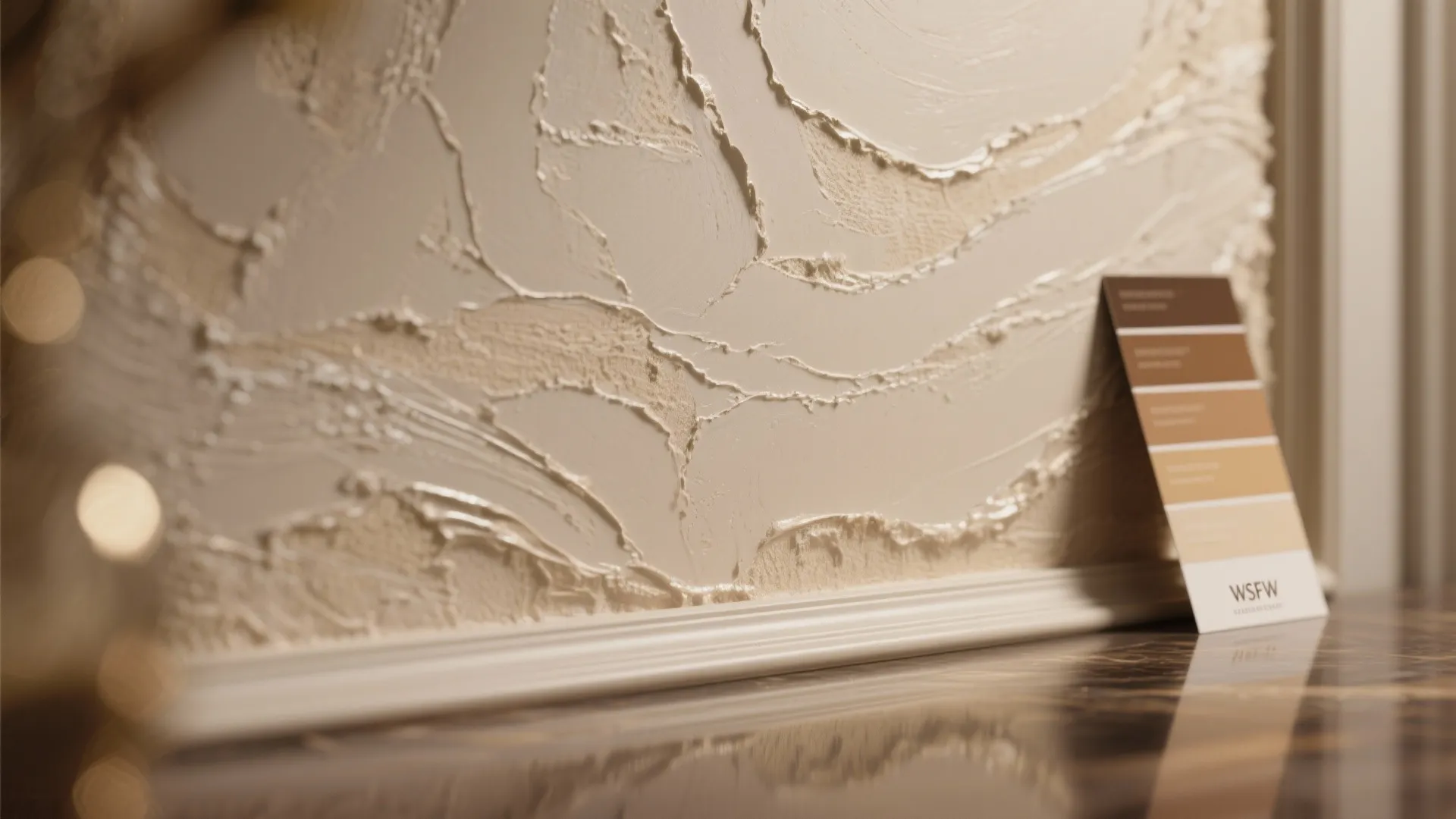 Macro detail of a custom textured wall finish with visible trowel marks and matched color swatch.