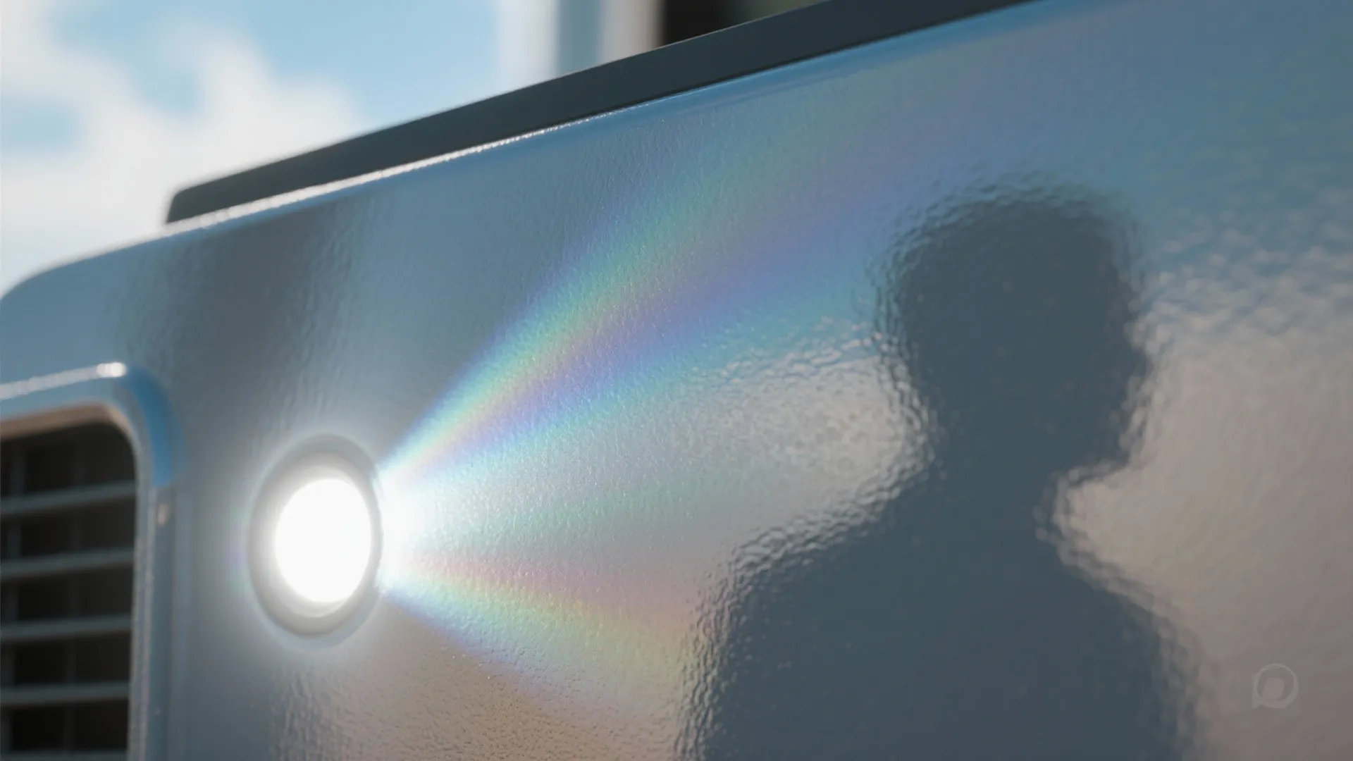 Close up of bright light reflecting on a smooth wall surface with a soft rainbow effect