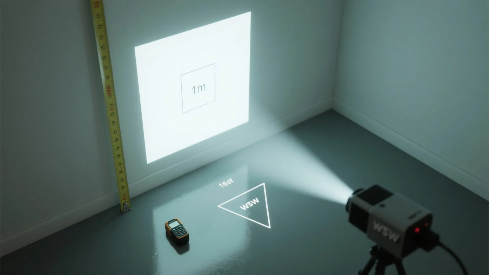 Top-down test of a 1m² high-gain paint patch with projector beam showing increased brightness and potential hotspot.