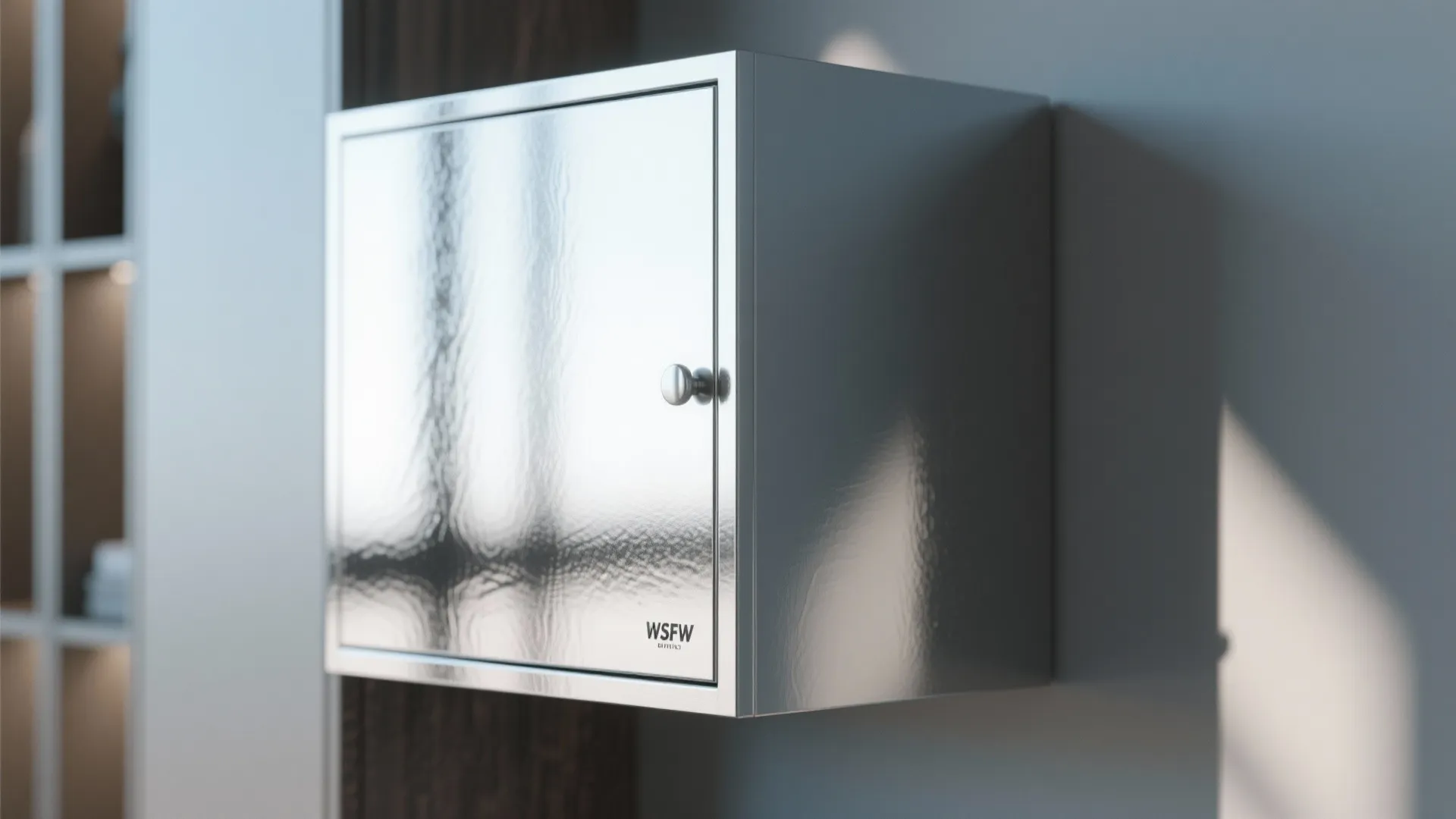 Modern metal wall cabinet with a reflective silver finish and simple knob in a bright room