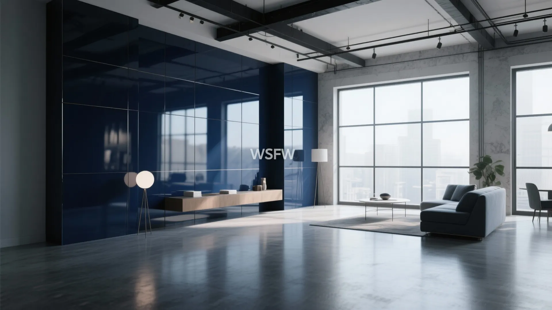 Living room with navy blue high gloss wall panels grey sofa and large window design