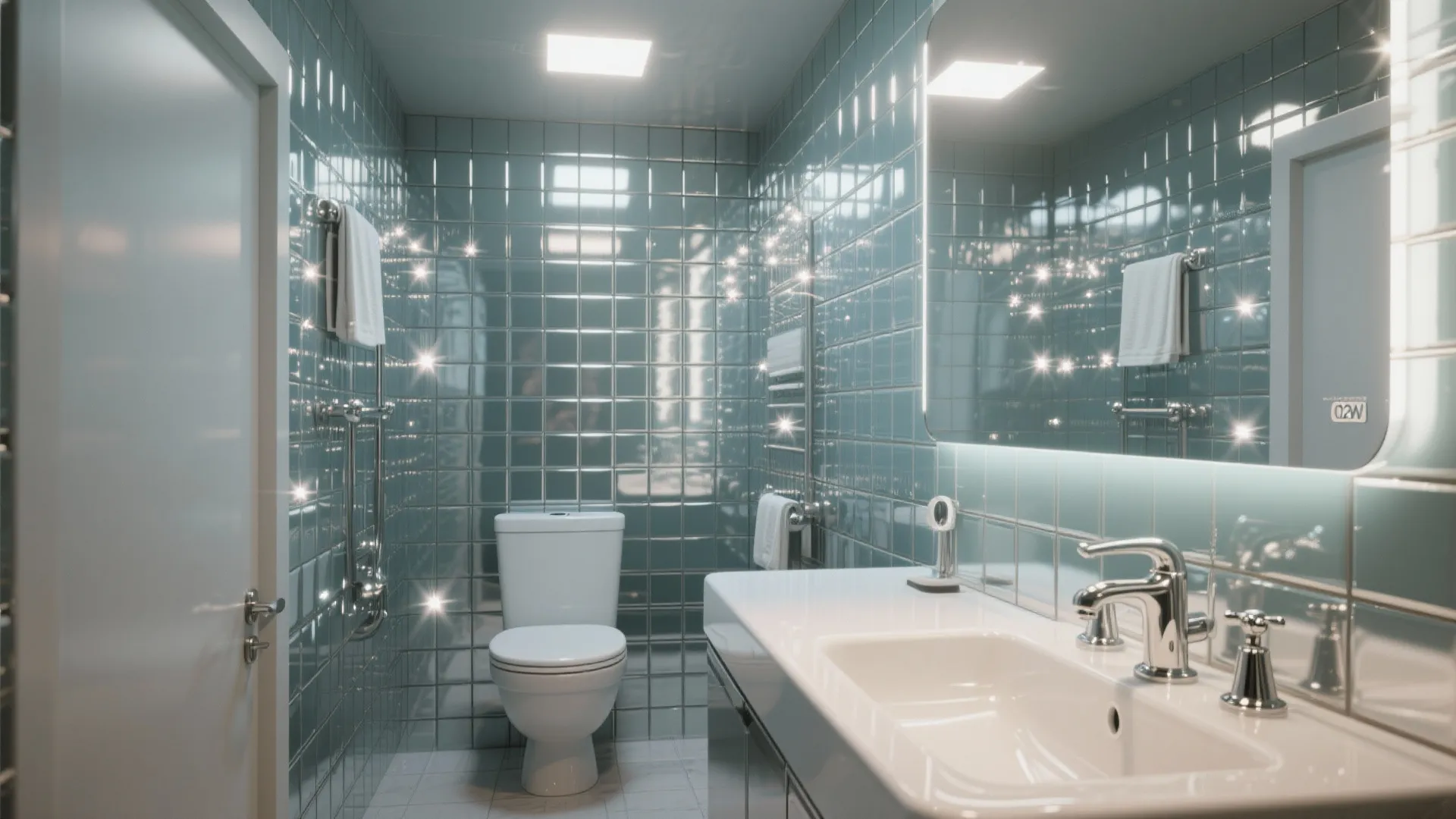 Modern bathroom featuring blue shiny tiles white toilet white sink large mirror and bright ceiling light