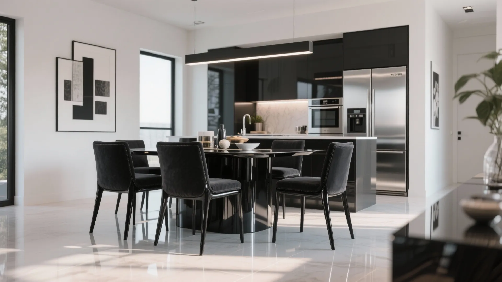High-gloss black dining chairs with modern stainless decor