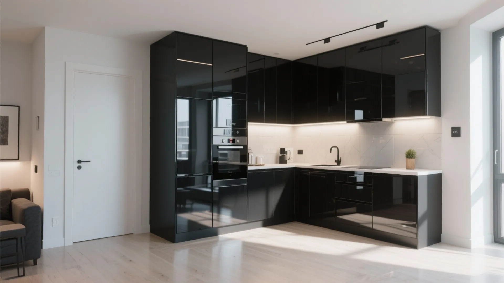 Modern black kitchen with shiny cabinets white countertop black sink light wood floor and window