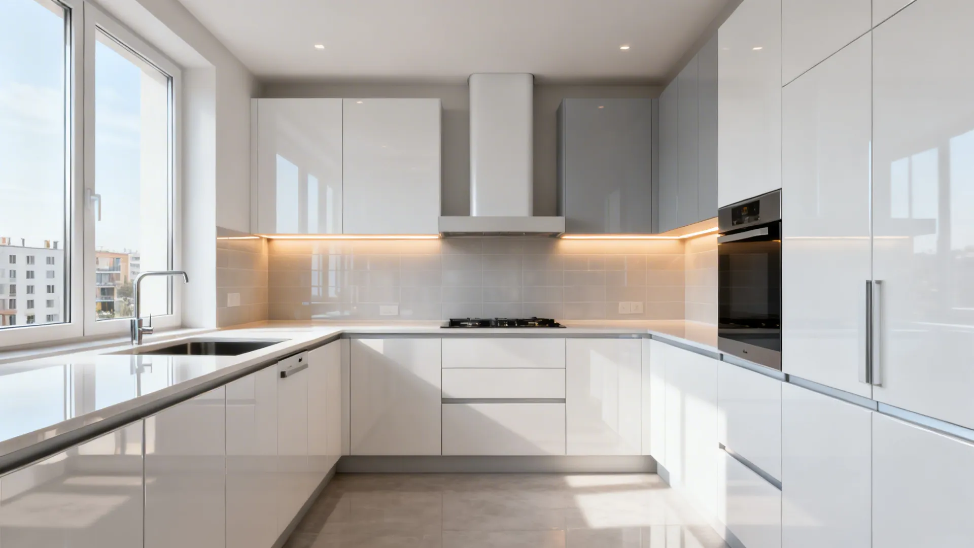 Glossy white and light grey cabinets brighten a small kitchen with warm task lighting.