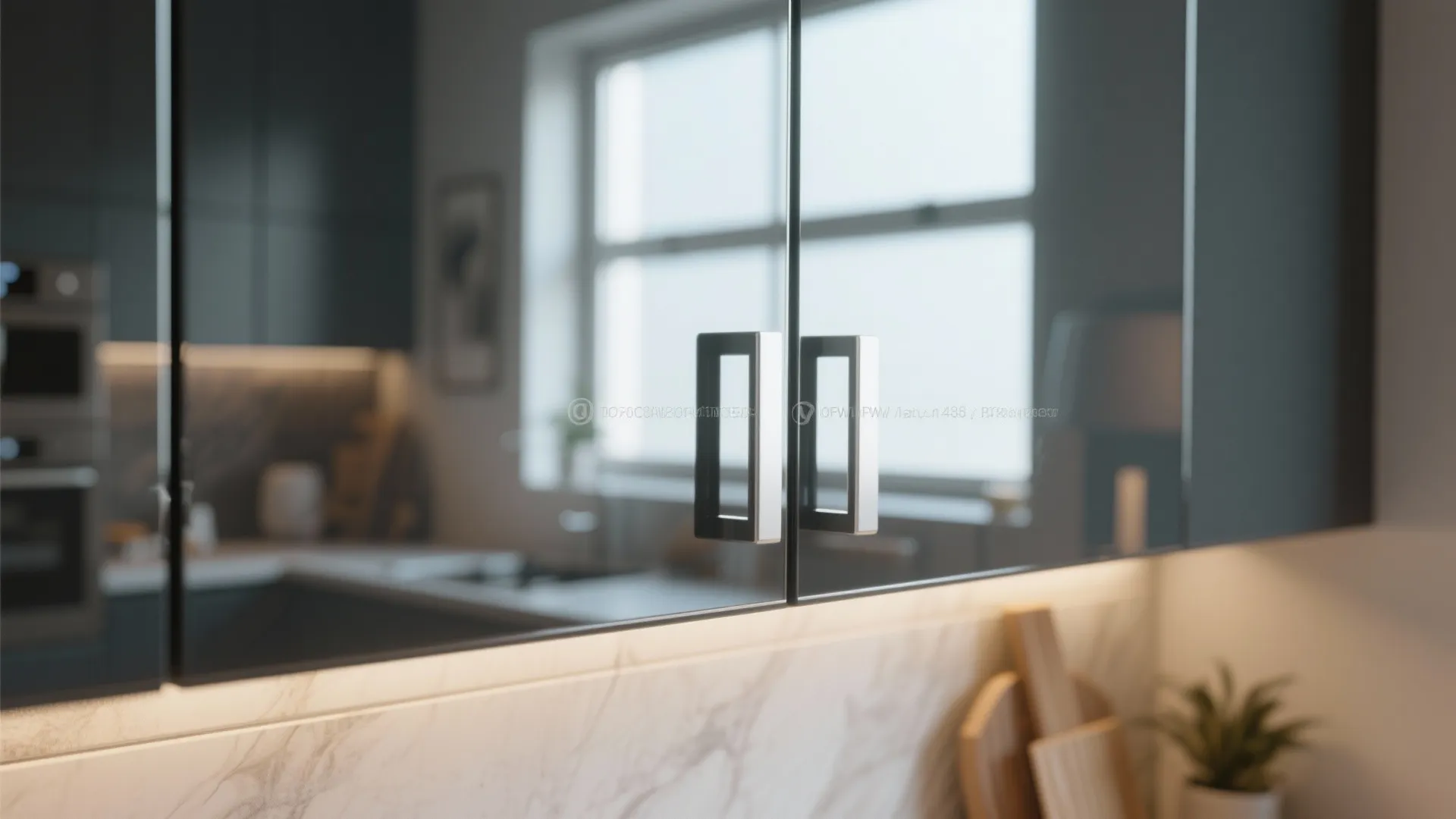 Close-up of a high-gloss cabinet surface reflecting window light, showing the mirror-like sheen and required flawless prep.