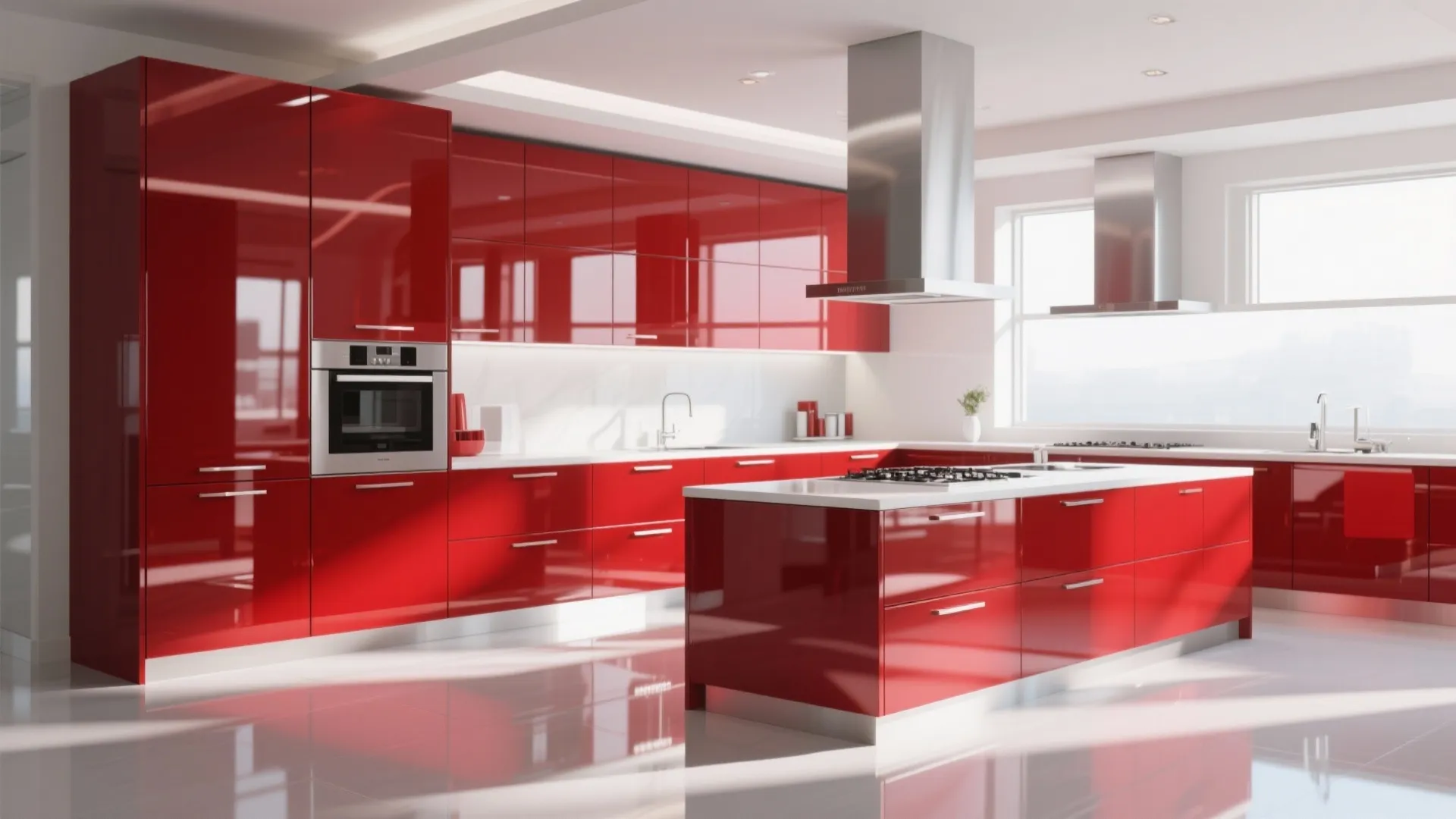 Ultra-modern kitchen with high gloss cherry red cupboards
