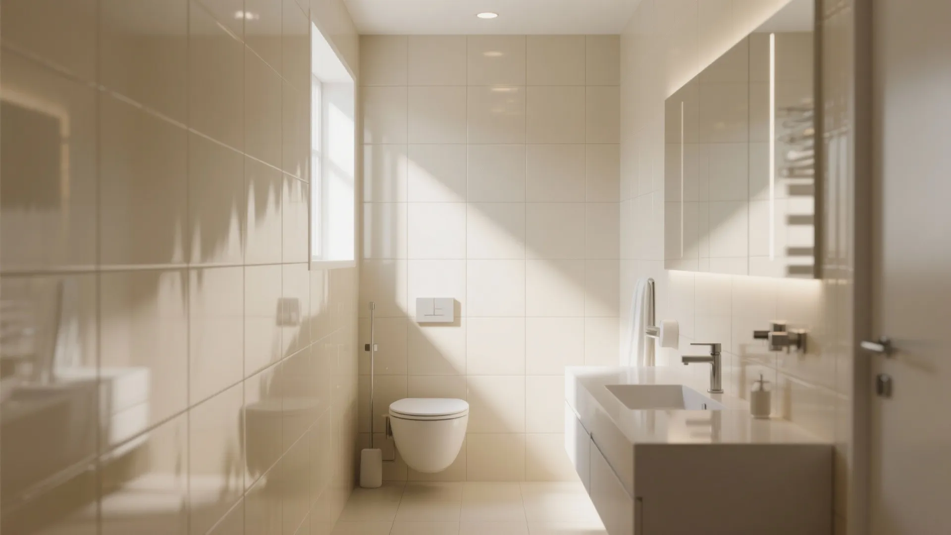 Minimalist bathroom with high gloss cream wall tiles white toilet floating sink mirror and sunlight