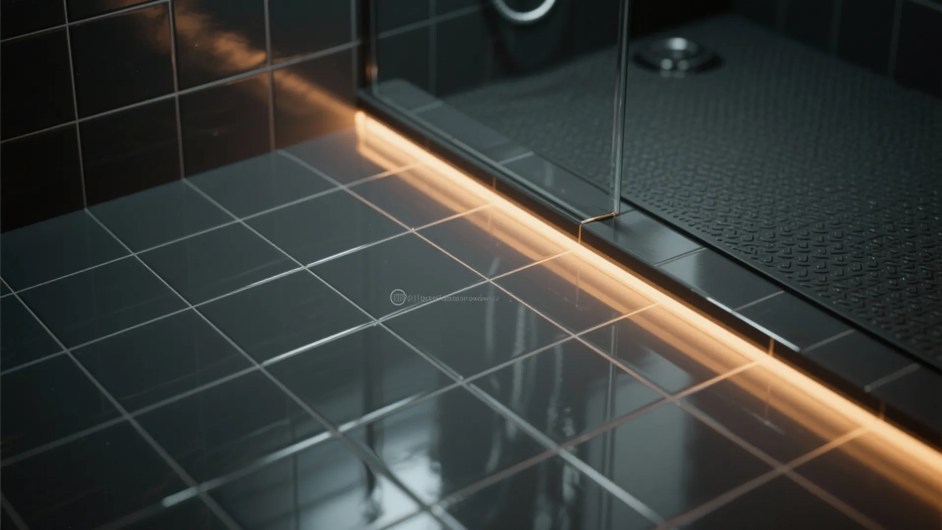 Close up of dark grey bathroom floor tiles with warm light fixture strip near shower glass
