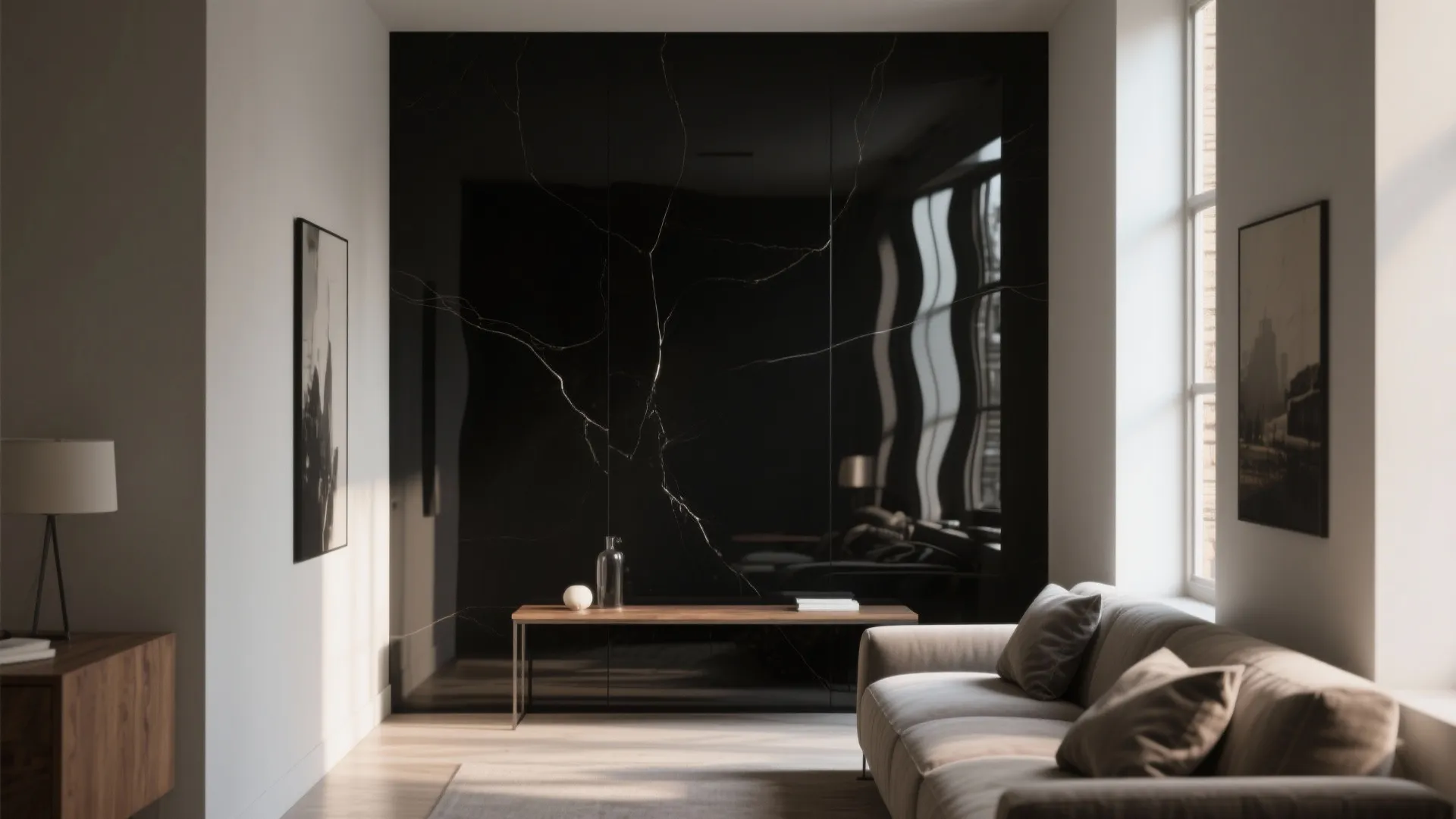 Modern living room featuring high gloss black marble wall panel beige sofa and large window