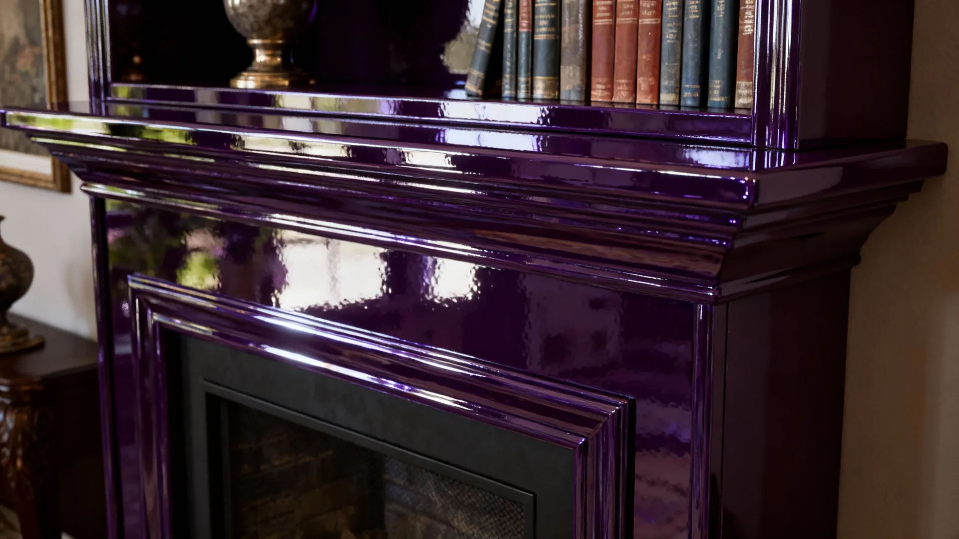 High-gloss bookcase and mantel with jewel-like reflective finish and sharp highlights