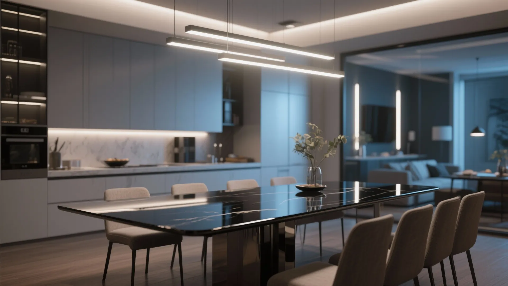 Modern kitchen with glossy black dining table and chairs under long linear ceiling light fixtures