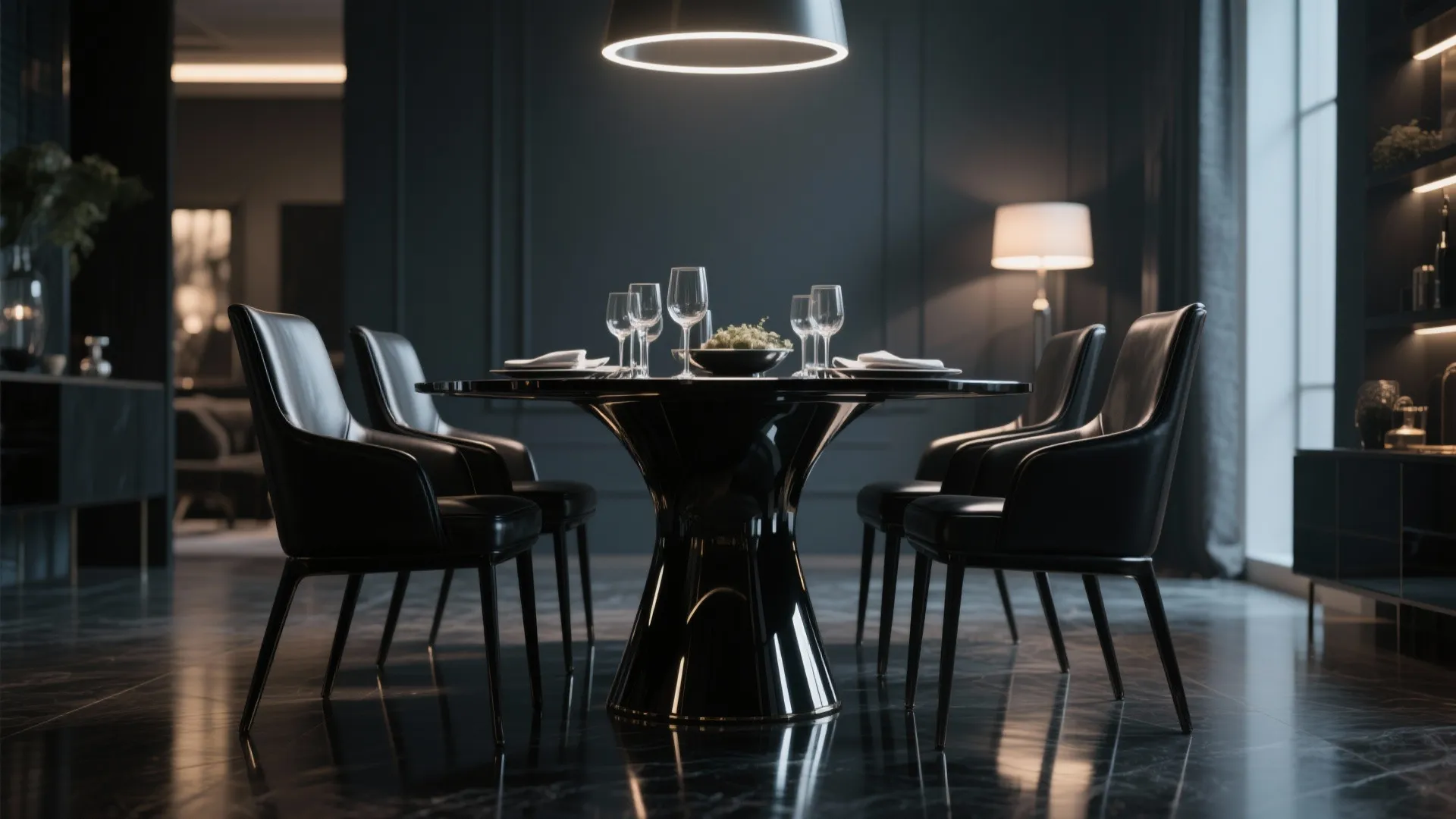 Elegant glossy black dining table in a modern dining room