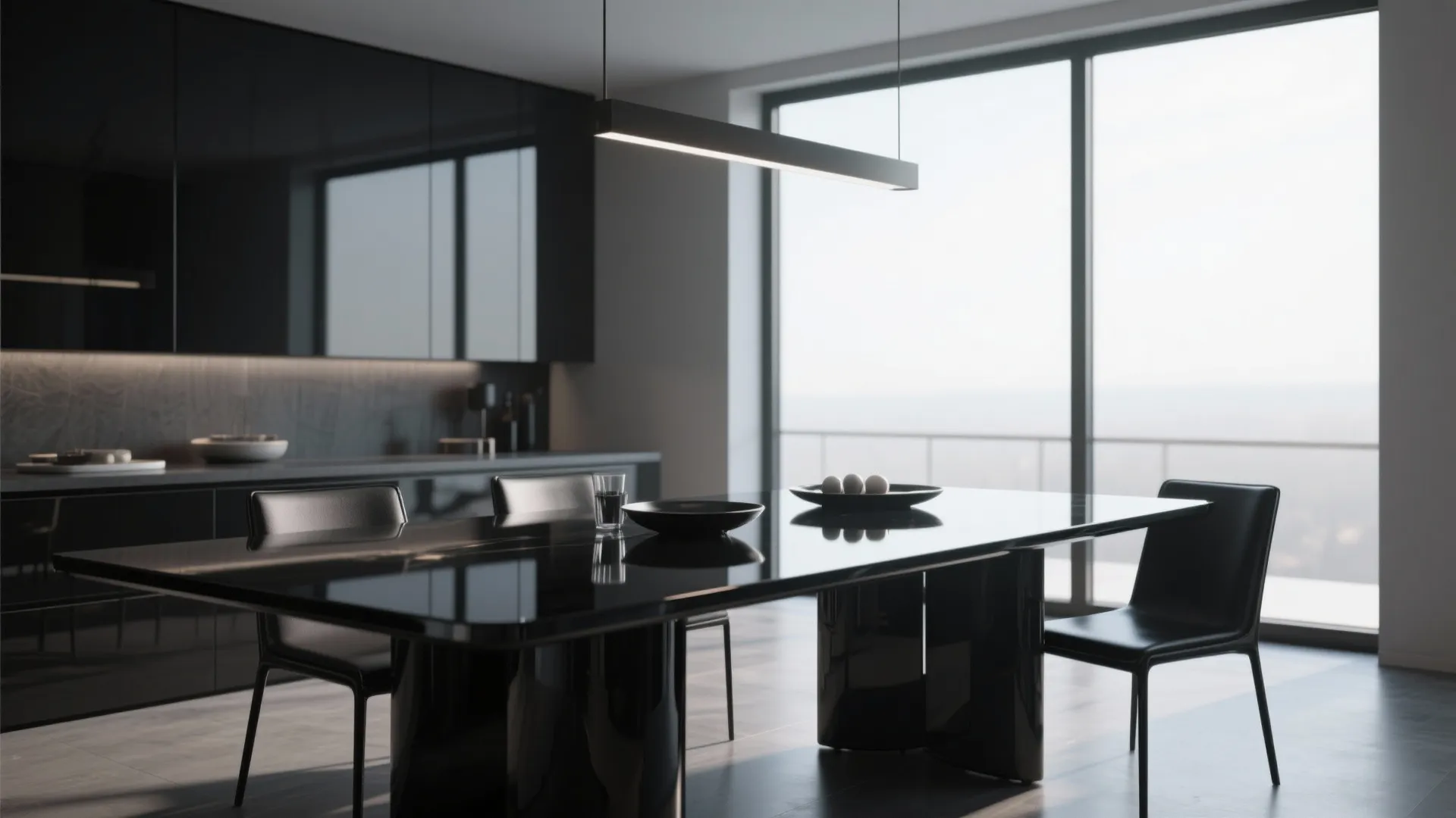 High-gloss black lacquer dining table in a modern room