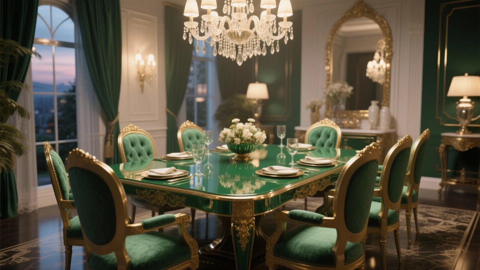 Luxurious dining room with green high gloss table gold chairs large ceiling light and decor