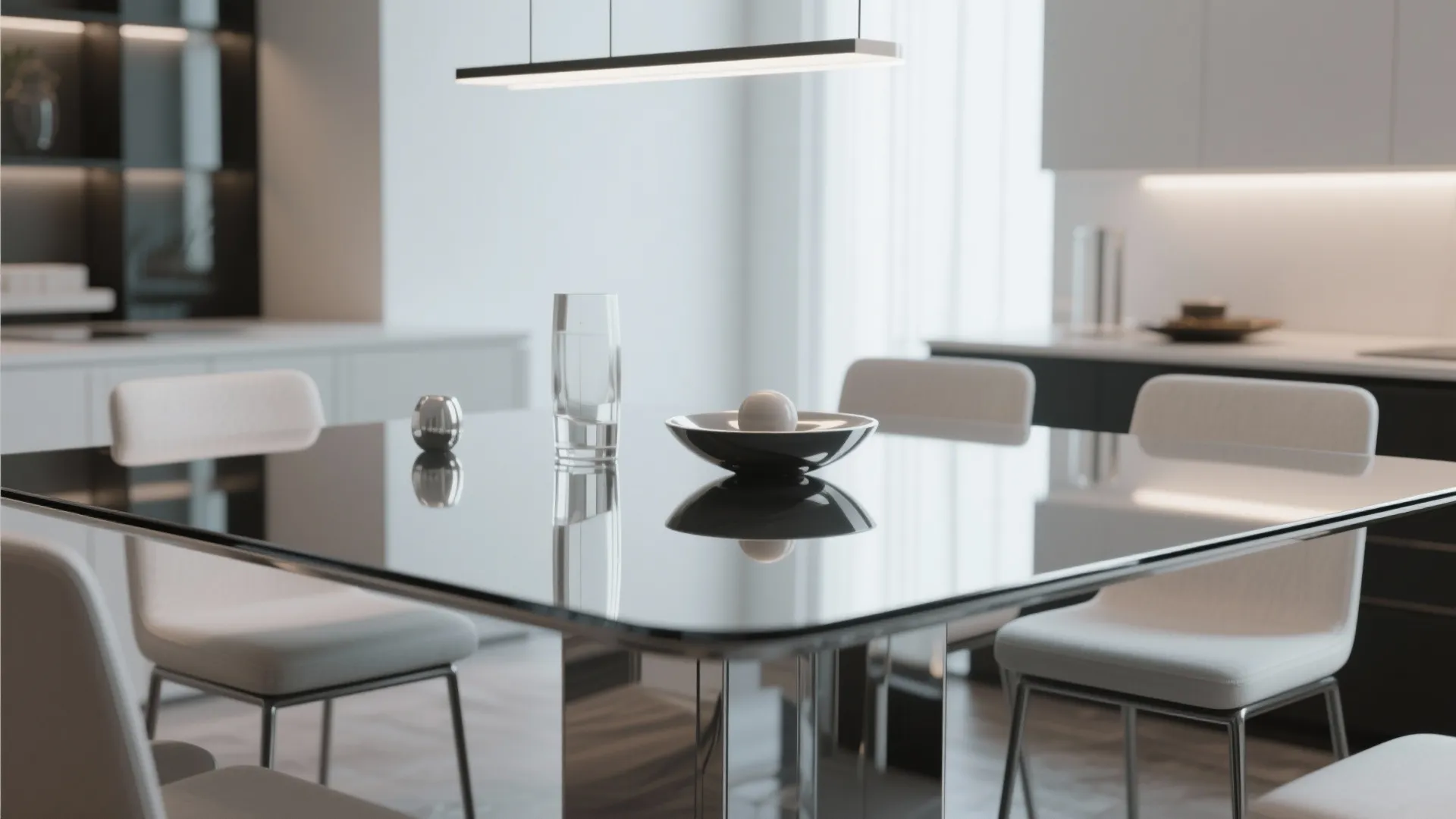 Modern black high gloss dining table with white chairs and a minimalist ceiling light fixture