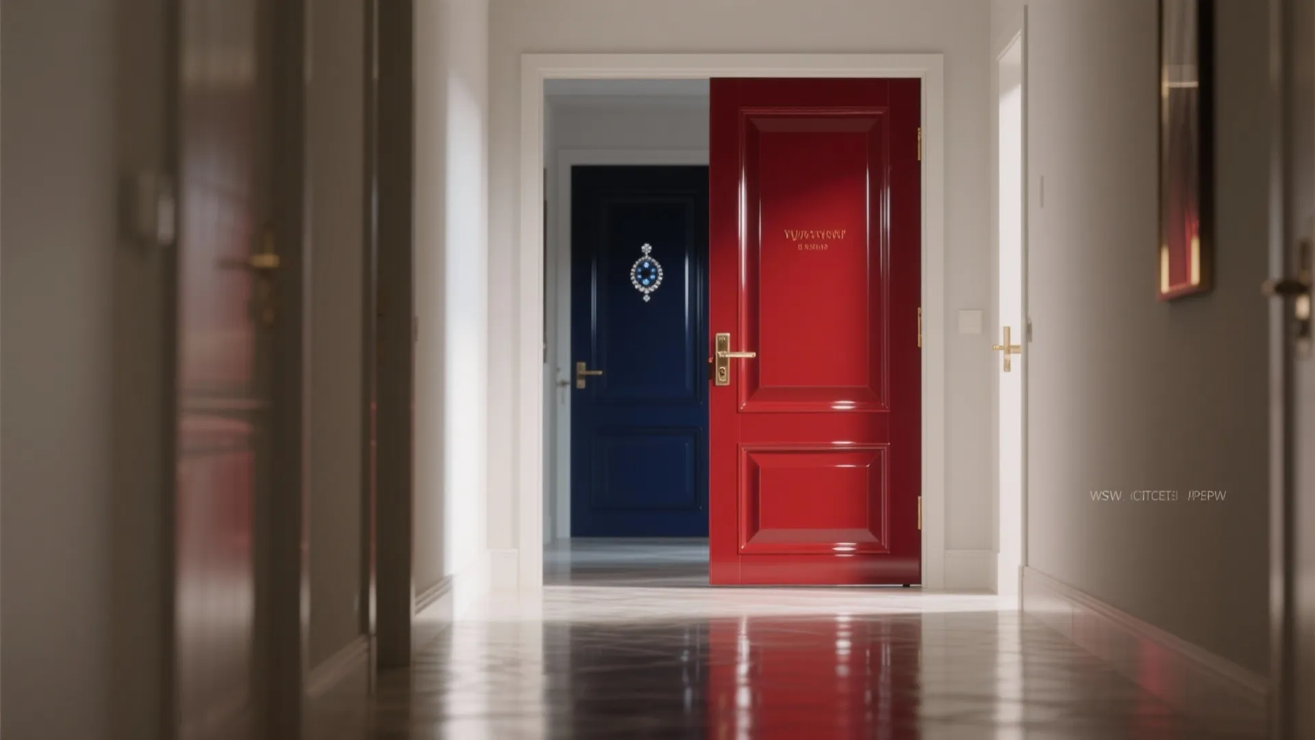 Modern hallway interior design with shiny red door and blue door leading to different rooms