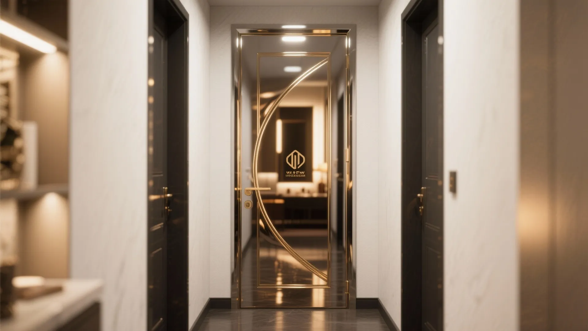 A luxury modern glass door with gold metal frame and decorative circle in a hallway