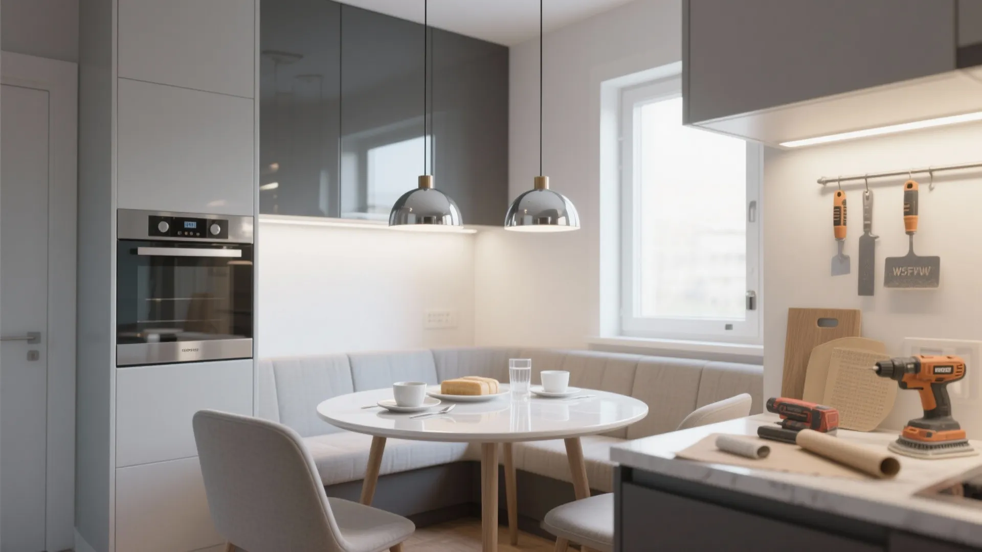 Modern breakfast nook with white round table grey bench seating and two silver ceiling lights
