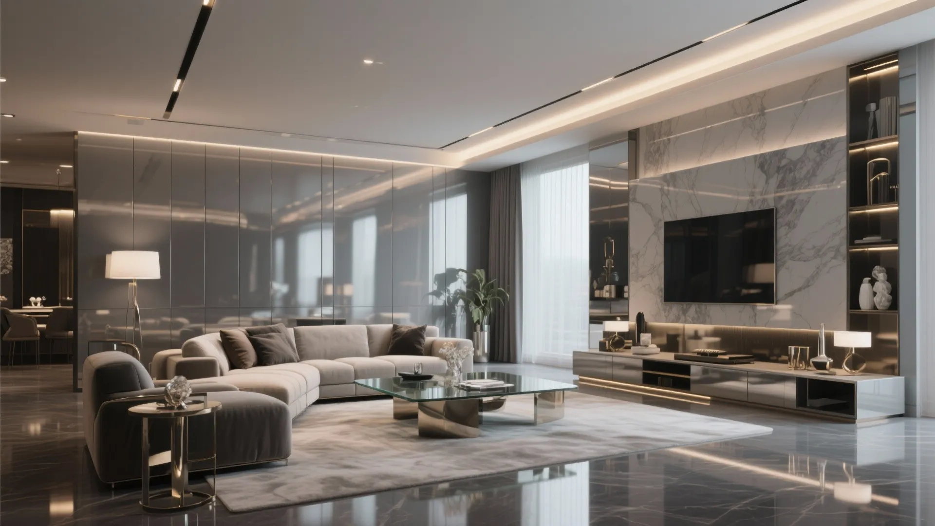 Luxury living room with high-gloss gray lacquer walls