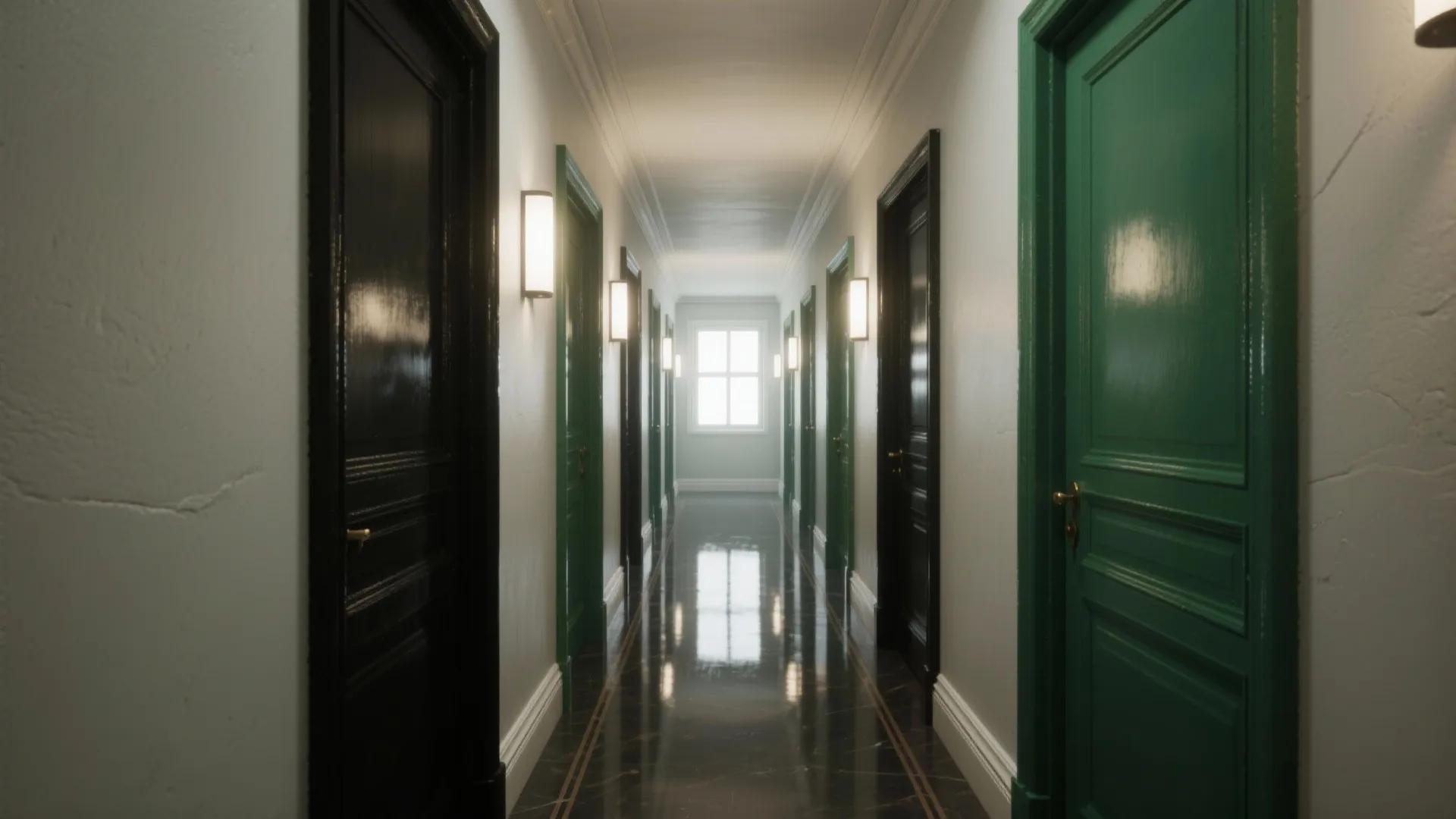 Narrow hallway with high-gloss doors reflecting light, creating a taller, more intentional feel.