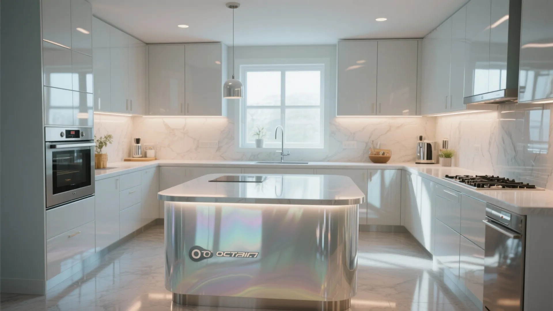 Modern white kitchen with iridescent island and marble walls plus clean white cabinets and sink