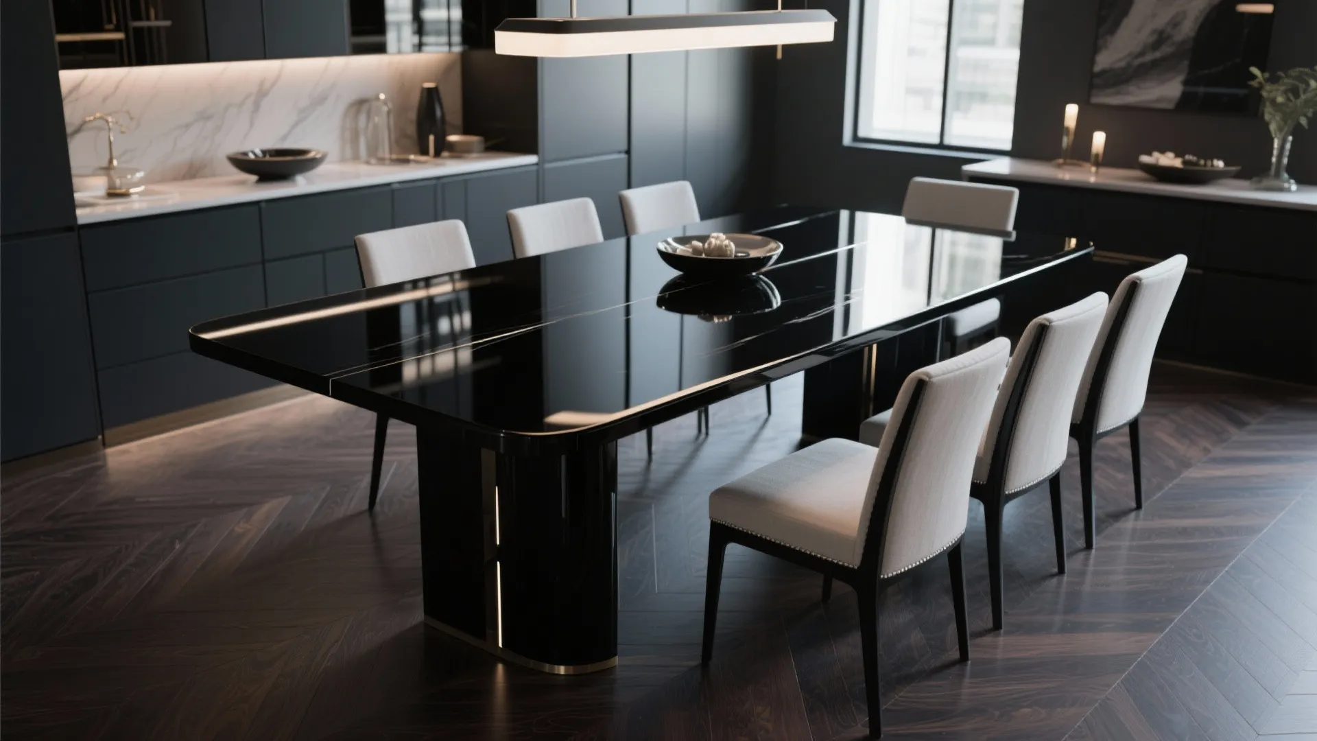 Modern dark dining room with shiny black table white chairs linear light fixture and floor