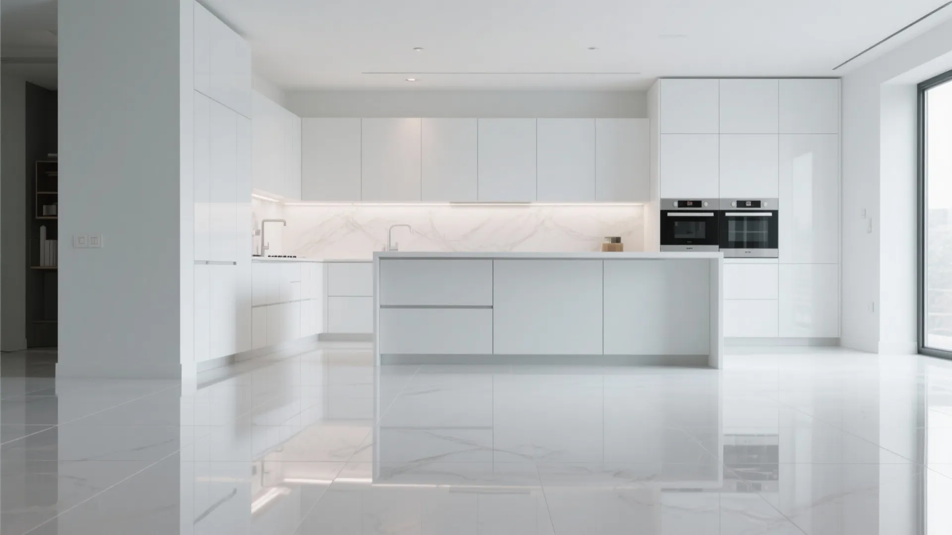 Modern white kitchen interior with glossy floor tiles large kitchen island and sleek white cabinet design