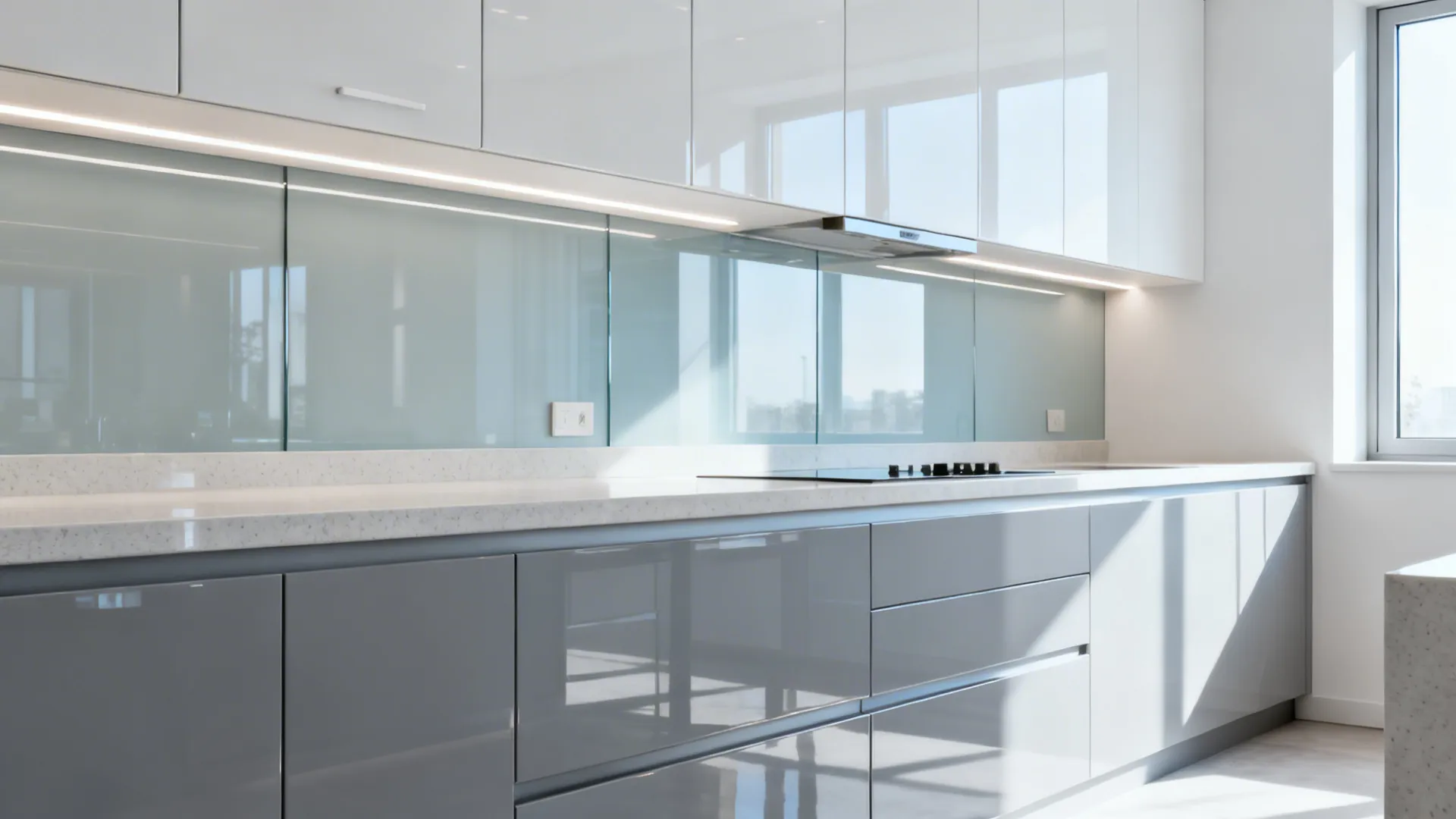 High-gloss white and light gray acrylic cabinets in a bright small galley kitchen.