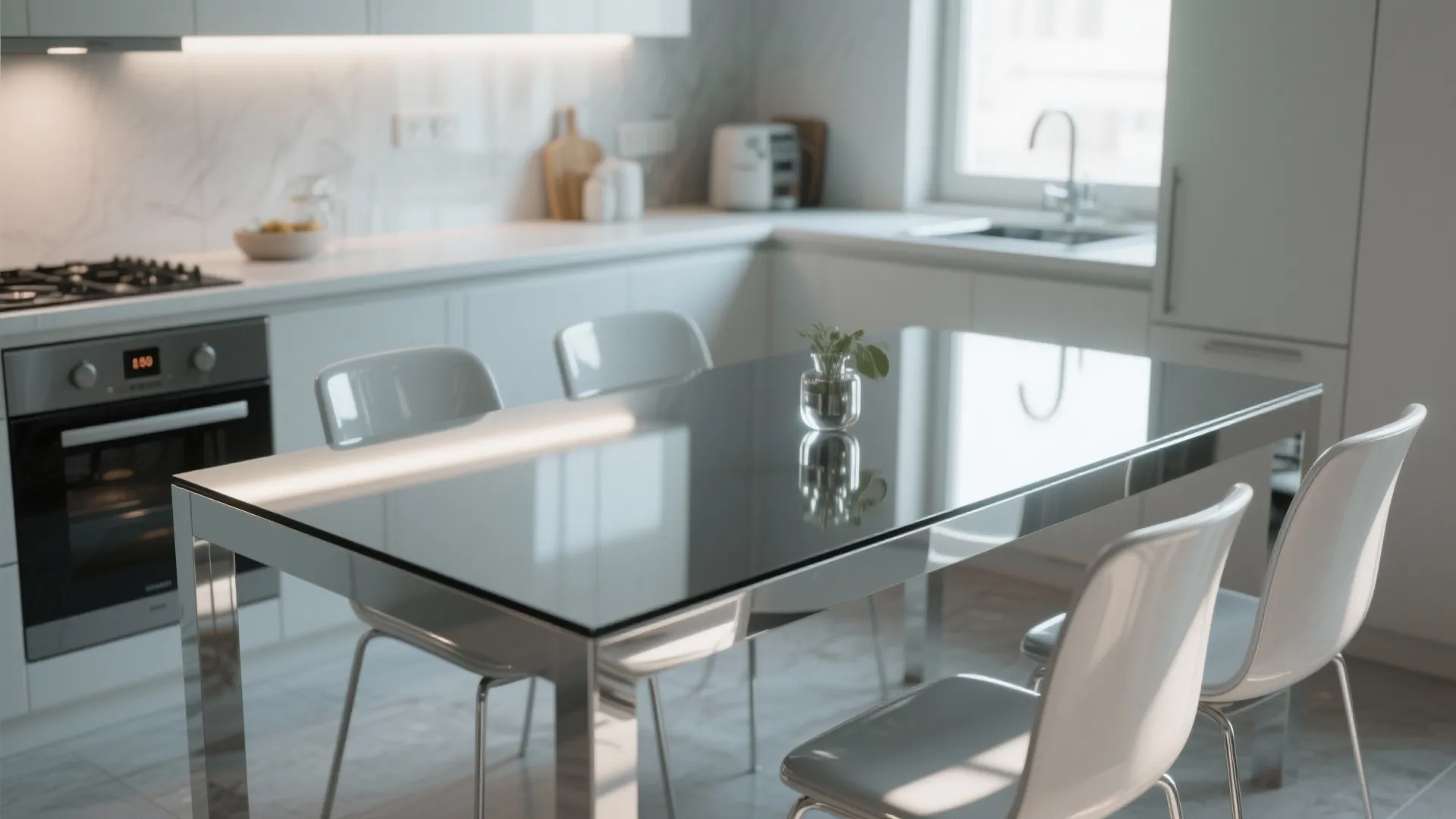 Modern white kitchen featuring a shiny grey dining table with white chairs and bright natural light