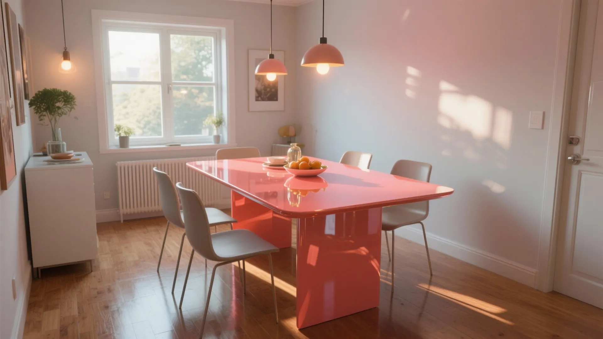 Modern dining room with glossy pink table, grey chairs, wooden floor, and pink ceiling lights