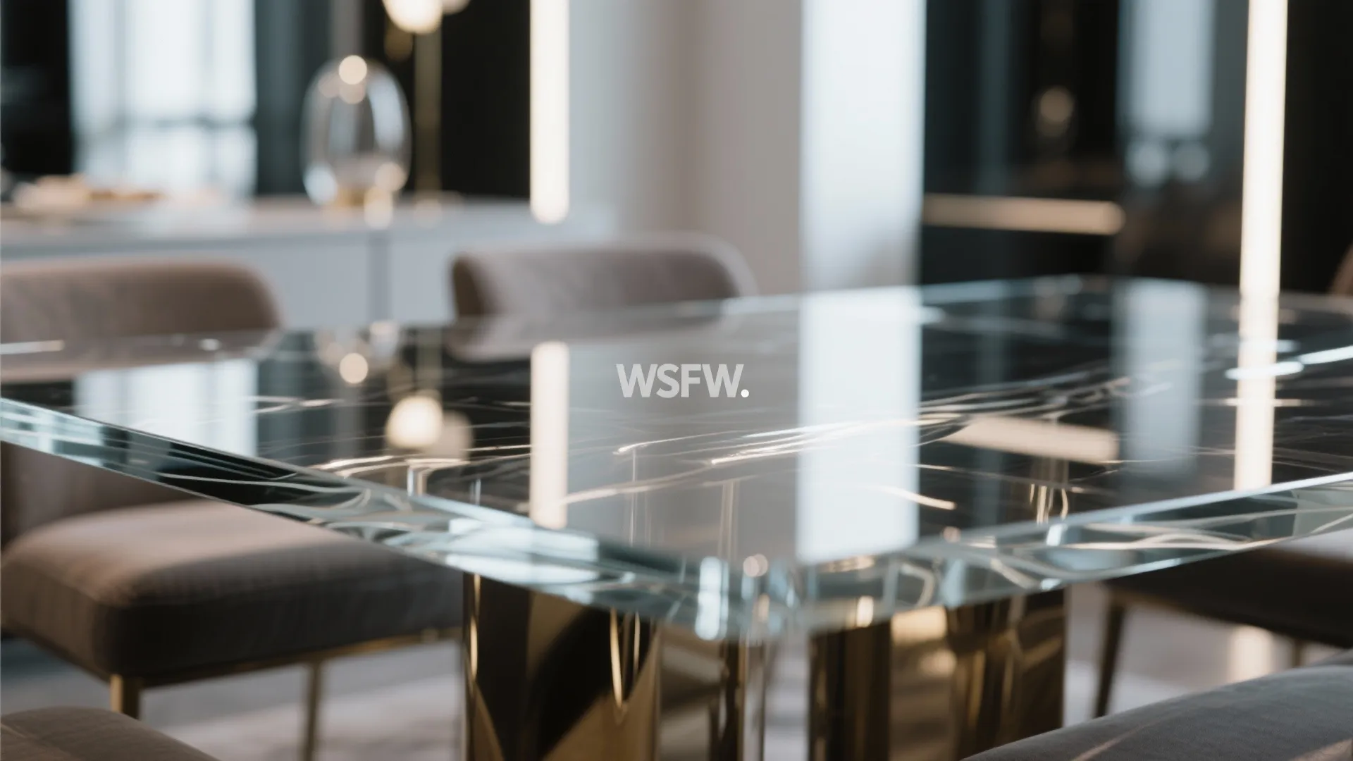 Modern dining table with a shiny black marble surface reflecting white ceiling lights and chairs