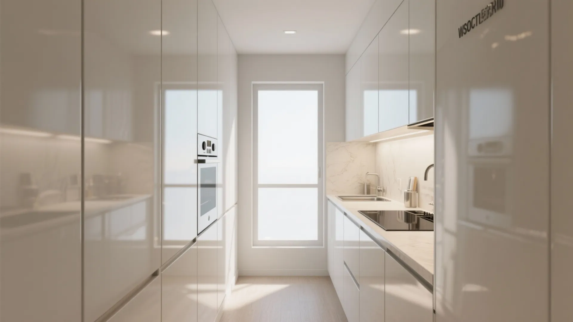 Modern galley kitchen featuring white high gloss cabinets marble countertop built-in oven and bright window light