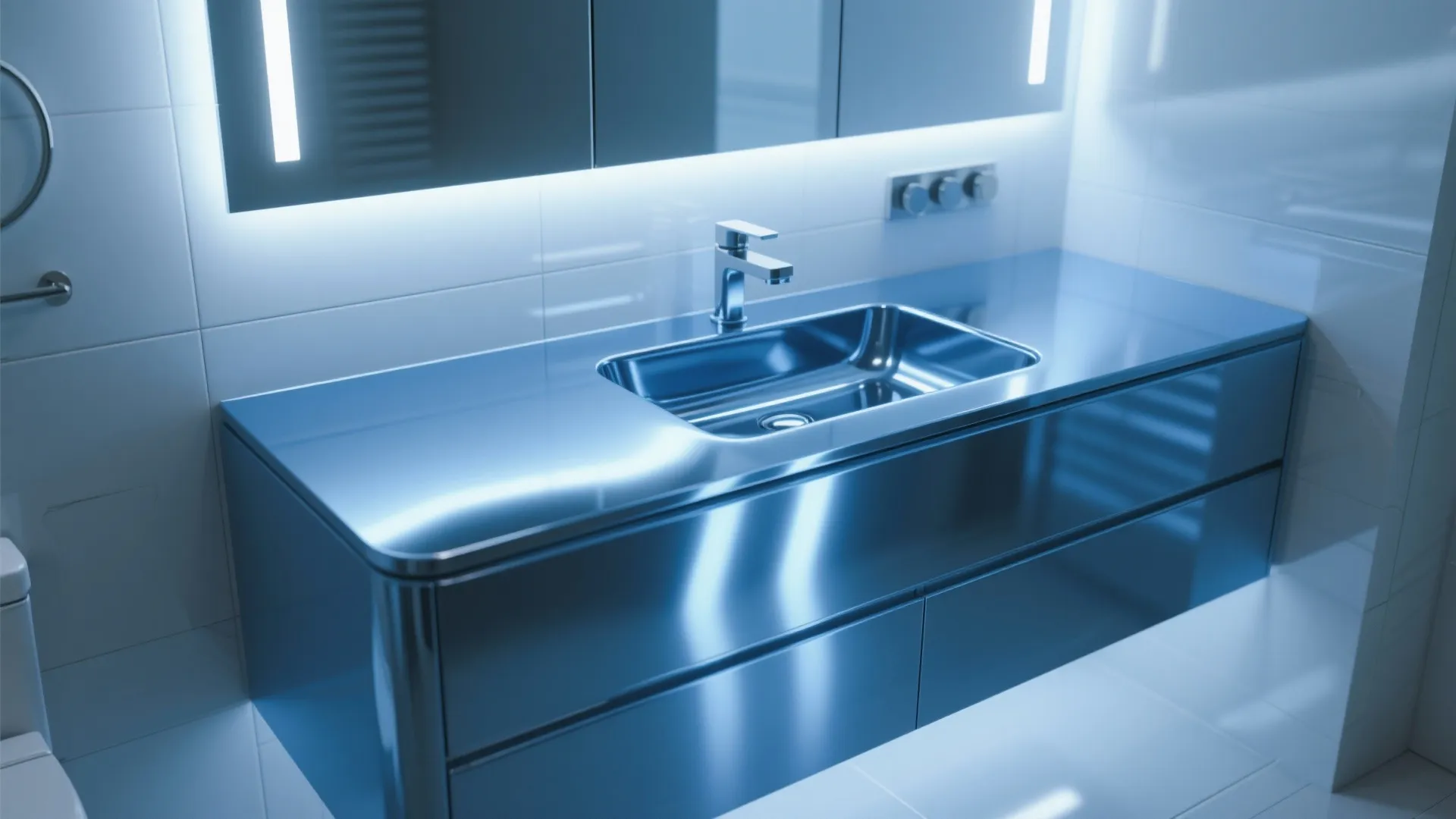 4. High-Gloss Steel-Blue Modern Vanity