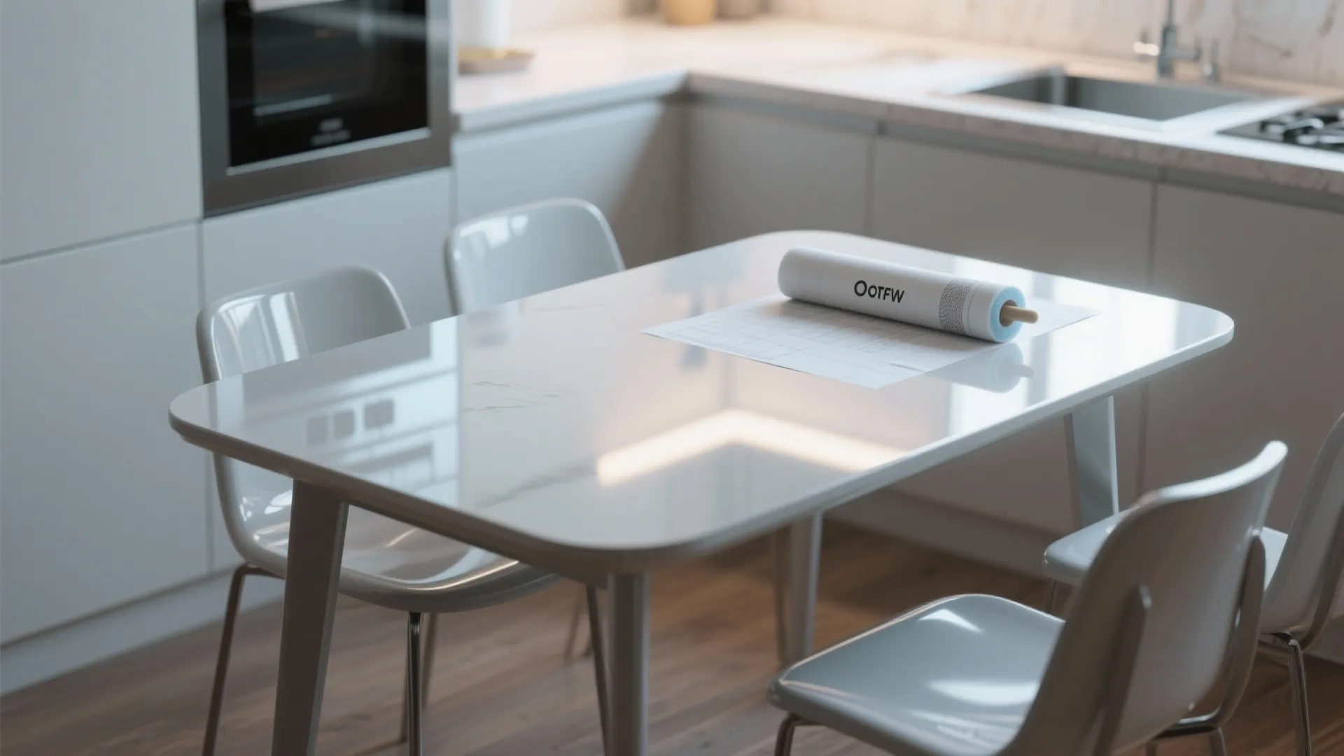 Modern white high gloss dining table with four matching chairs in a clean kitchen setting