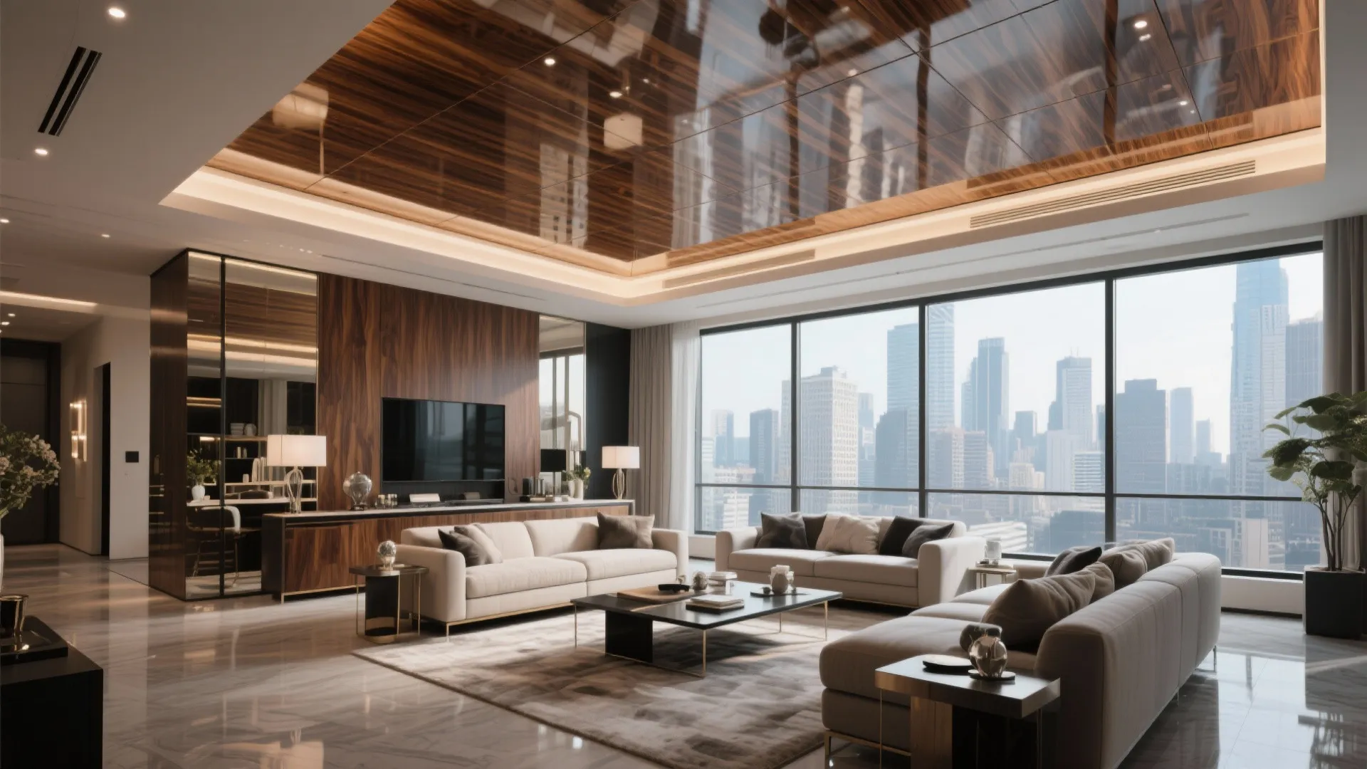 Contemporary apartment with a high-gloss teak wood ceiling