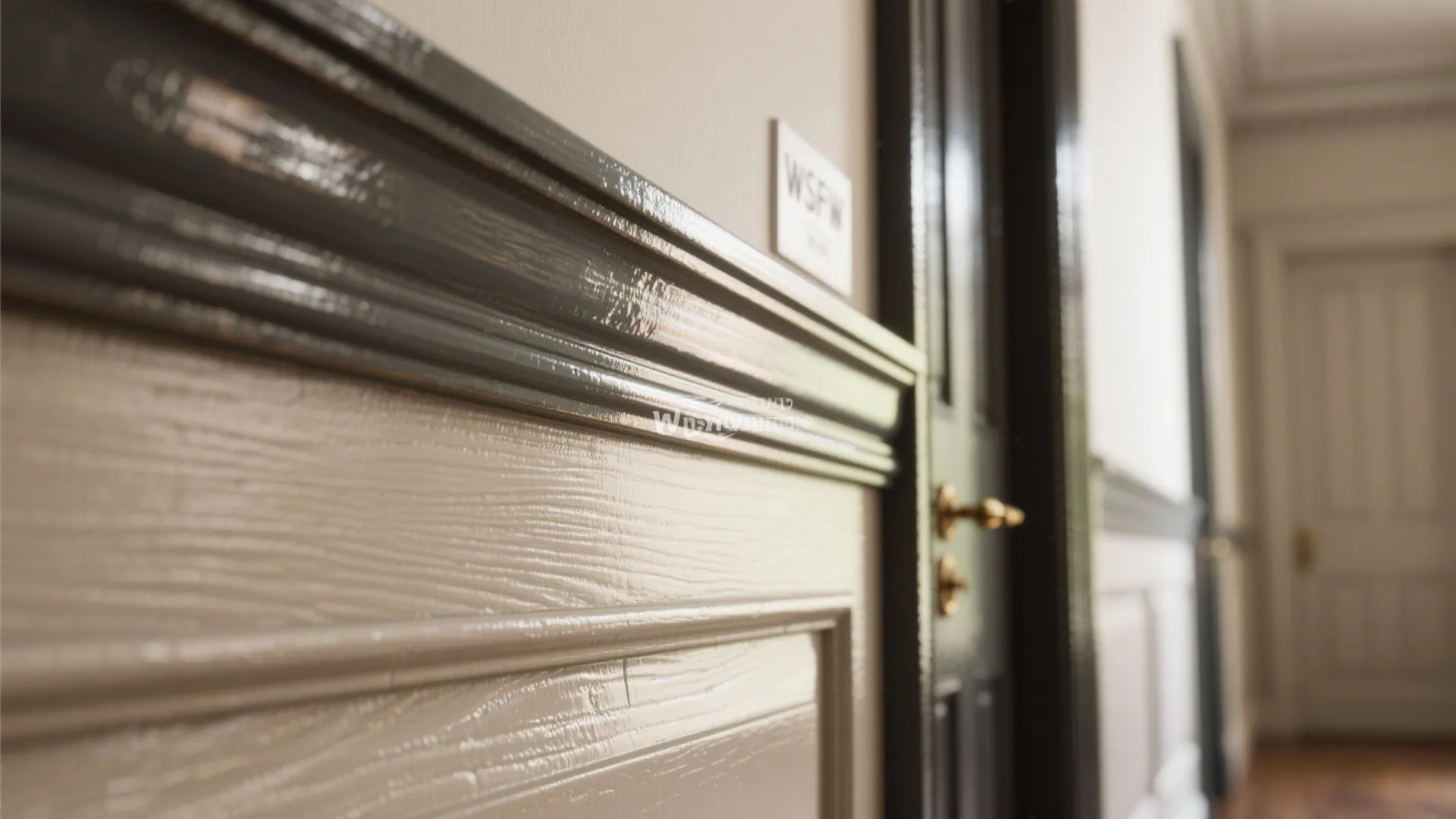 Close up of glossy dark grey wall panel trim on a beige wall near a door