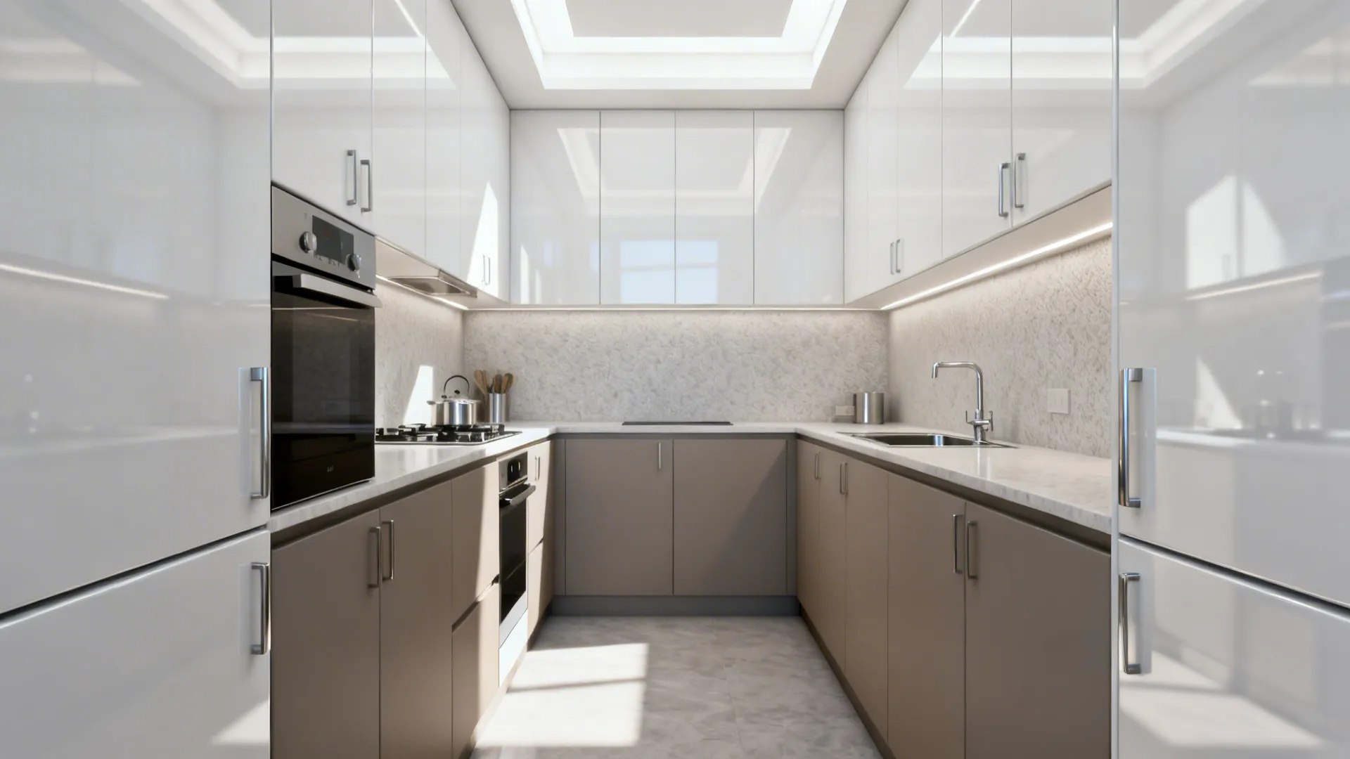 High-gloss white uppers reflect light above matte base cabinets in a narrow galley kitchen.