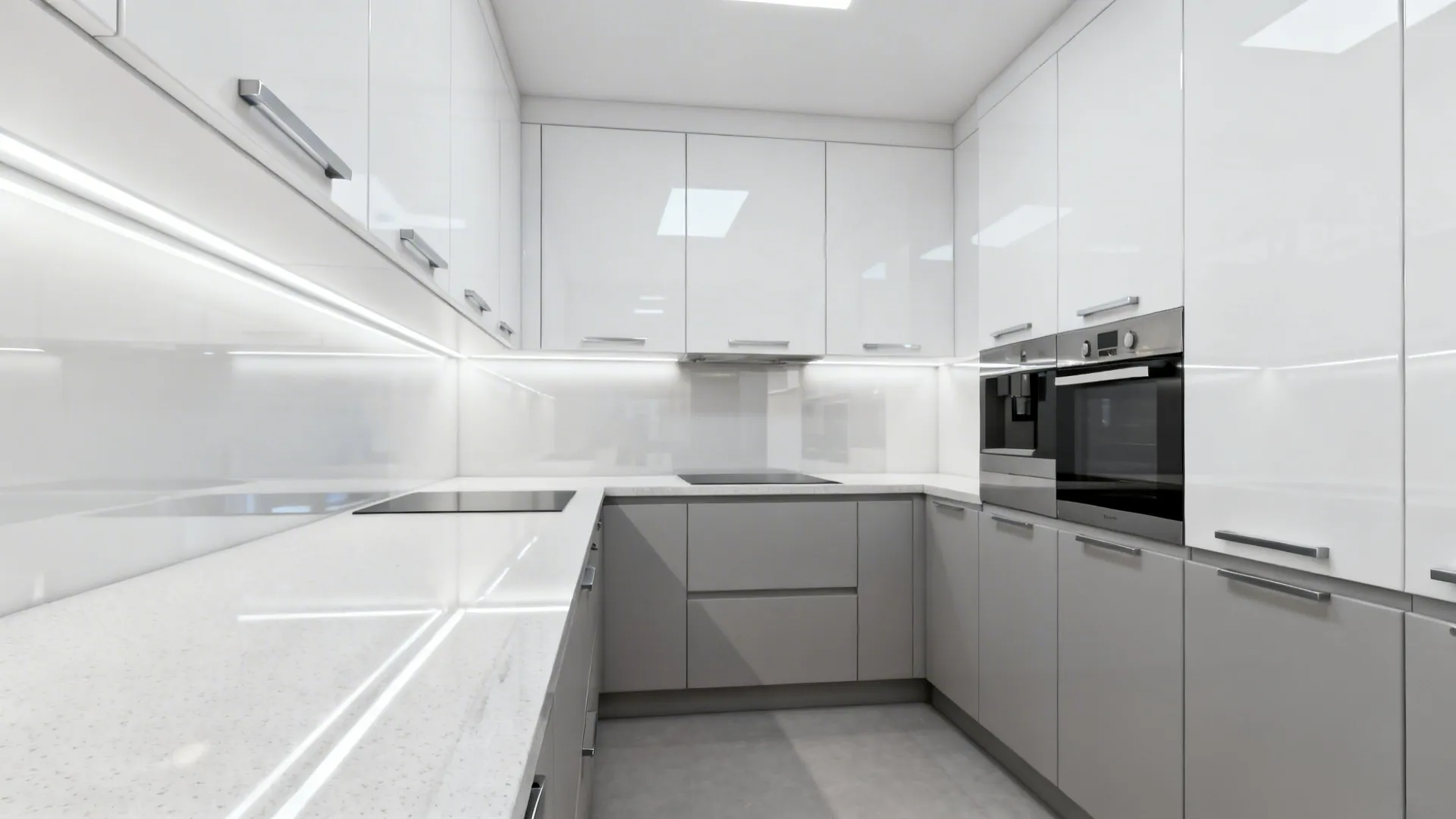 High-gloss laminates to bounce light in tiny kitchens