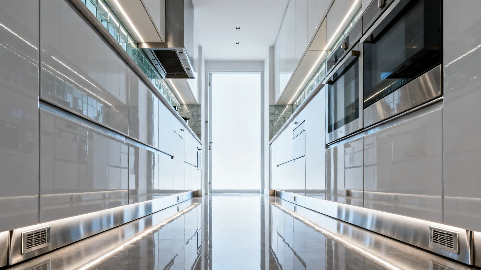 High-gloss galley kitchen with reflective lacquer cabinets, integrated appliances, and crisp lighting.