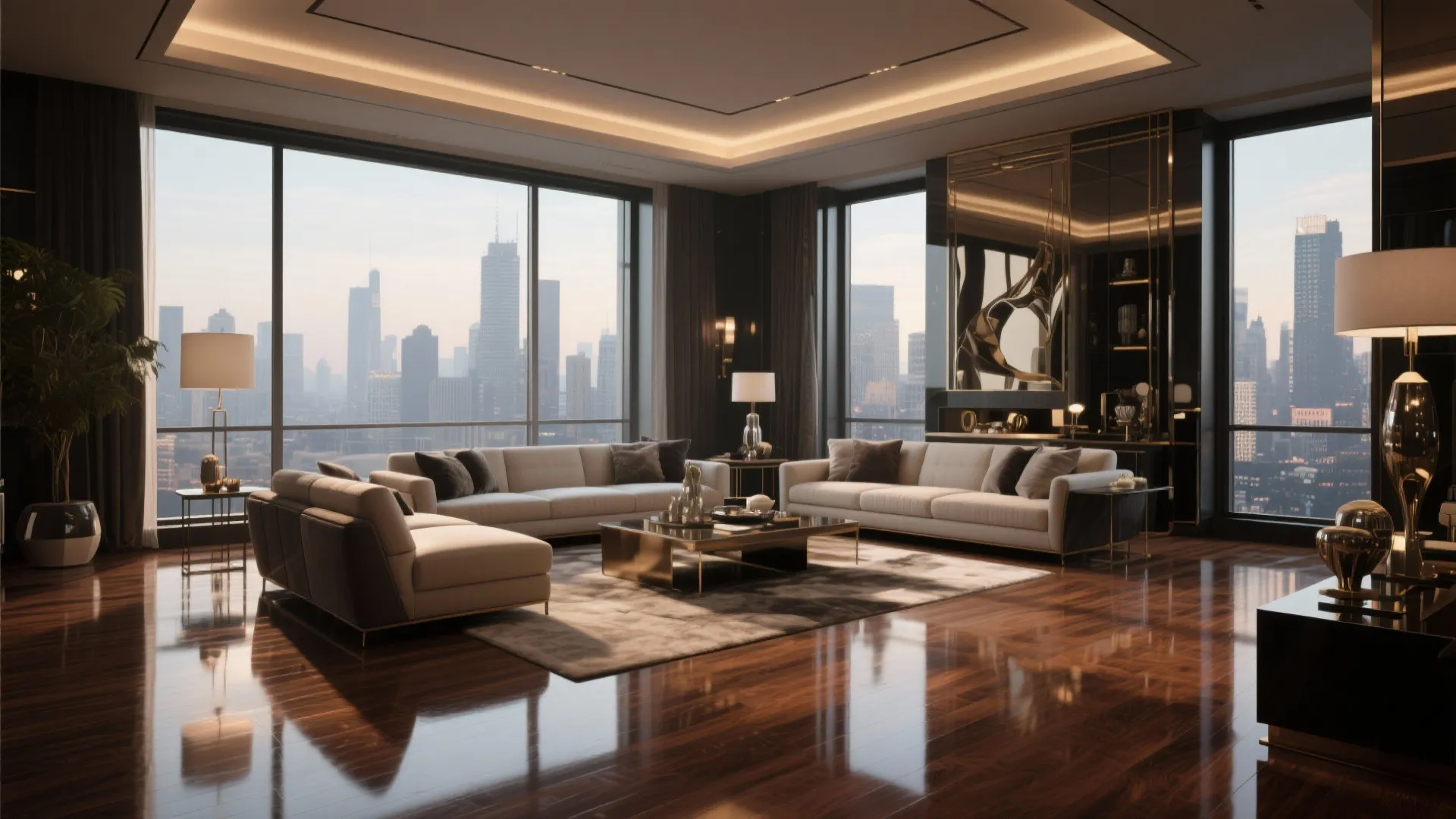 Penthouse living room with high-gloss walnut hardwood floors