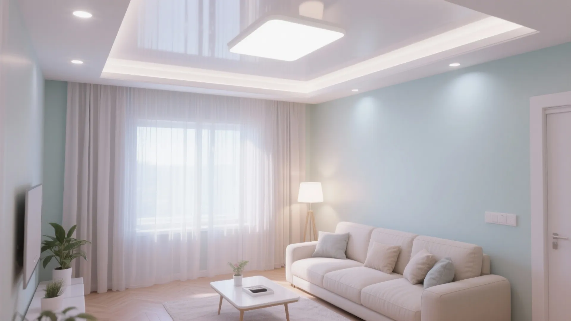 Small living room with high-gloss white ceiling enhancing brightness